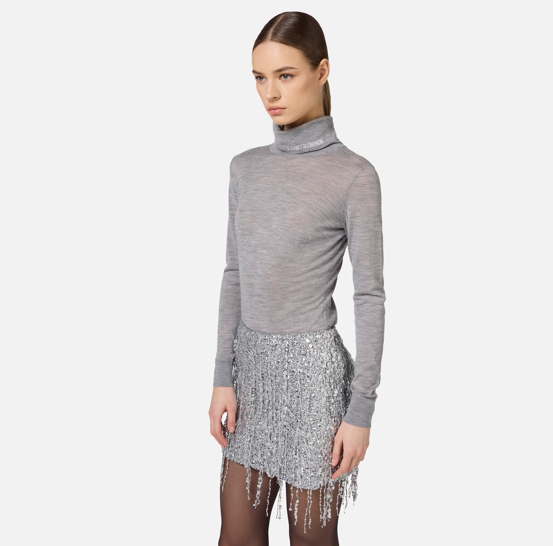 Turtleneck top in merino wool fabric with jacquard logo - Elisabetta Franchi® Outlet