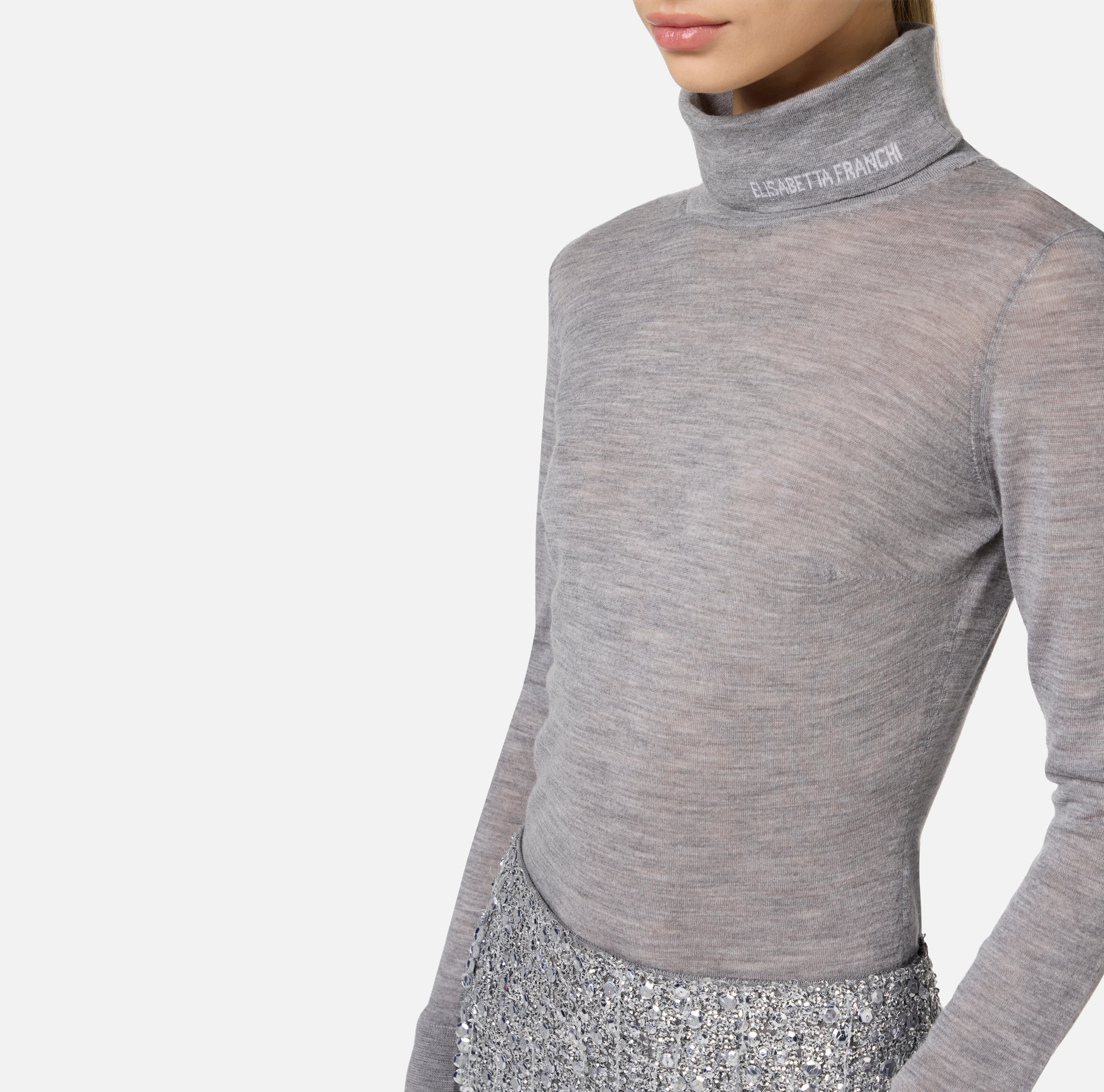 Turtleneck top in merino wool fabric with jacquard logo - Elisabetta Franchi® Outlet