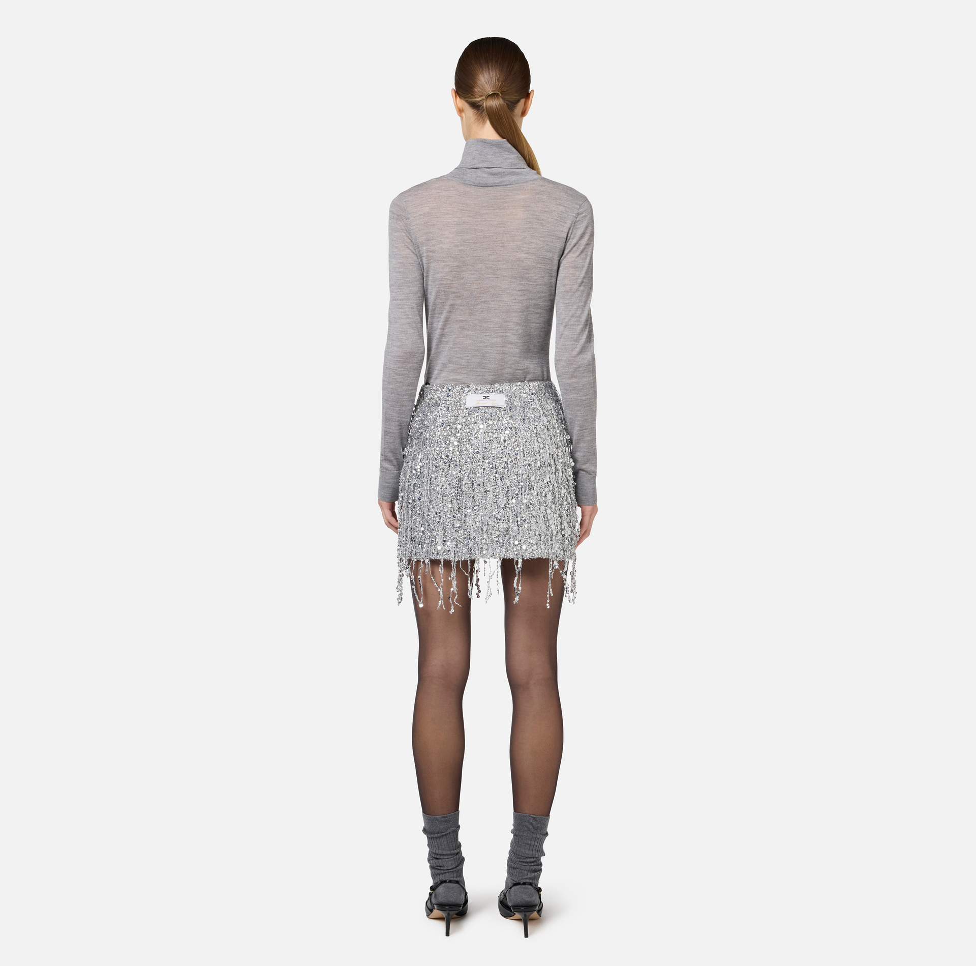 Turtleneck top in merino wool fabric with jacquard logo - Elisabetta Franchi® Outlet