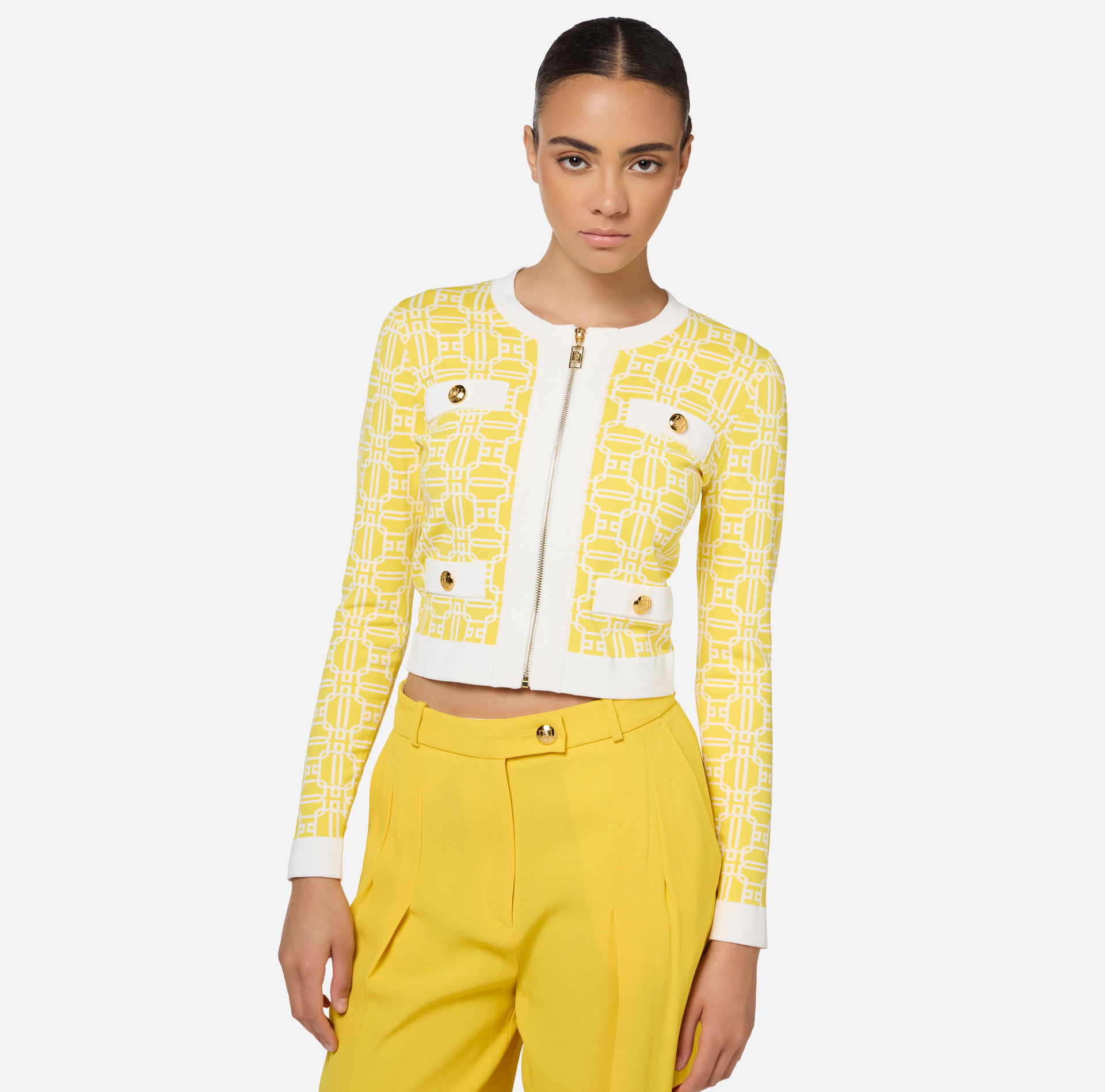 Cardigan cropped logo jacquard - Elisabetta Franchi® Outlet