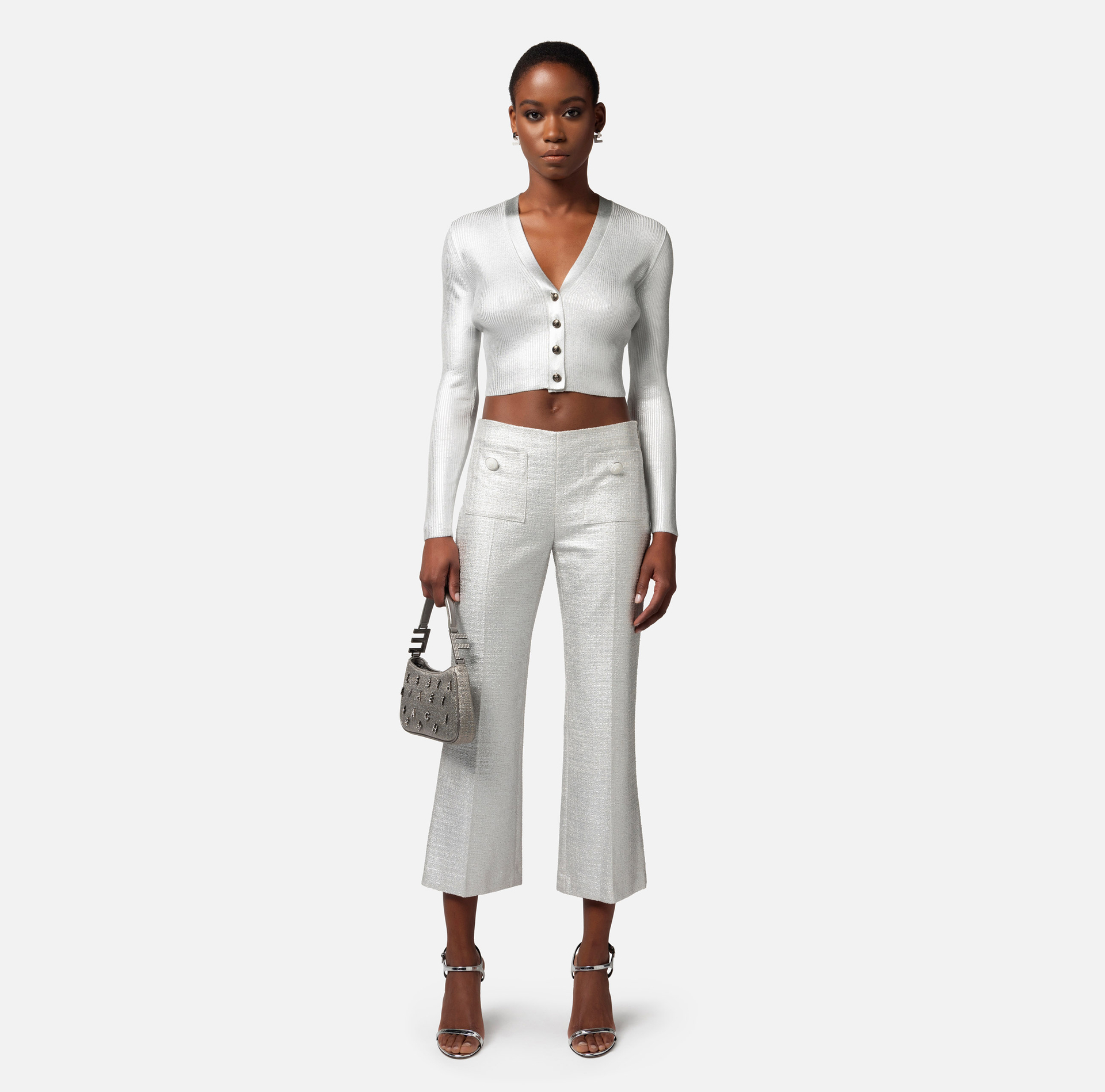 Cropped cardigan in laminated viscose fabric - Elisabetta Franchi® Outlet