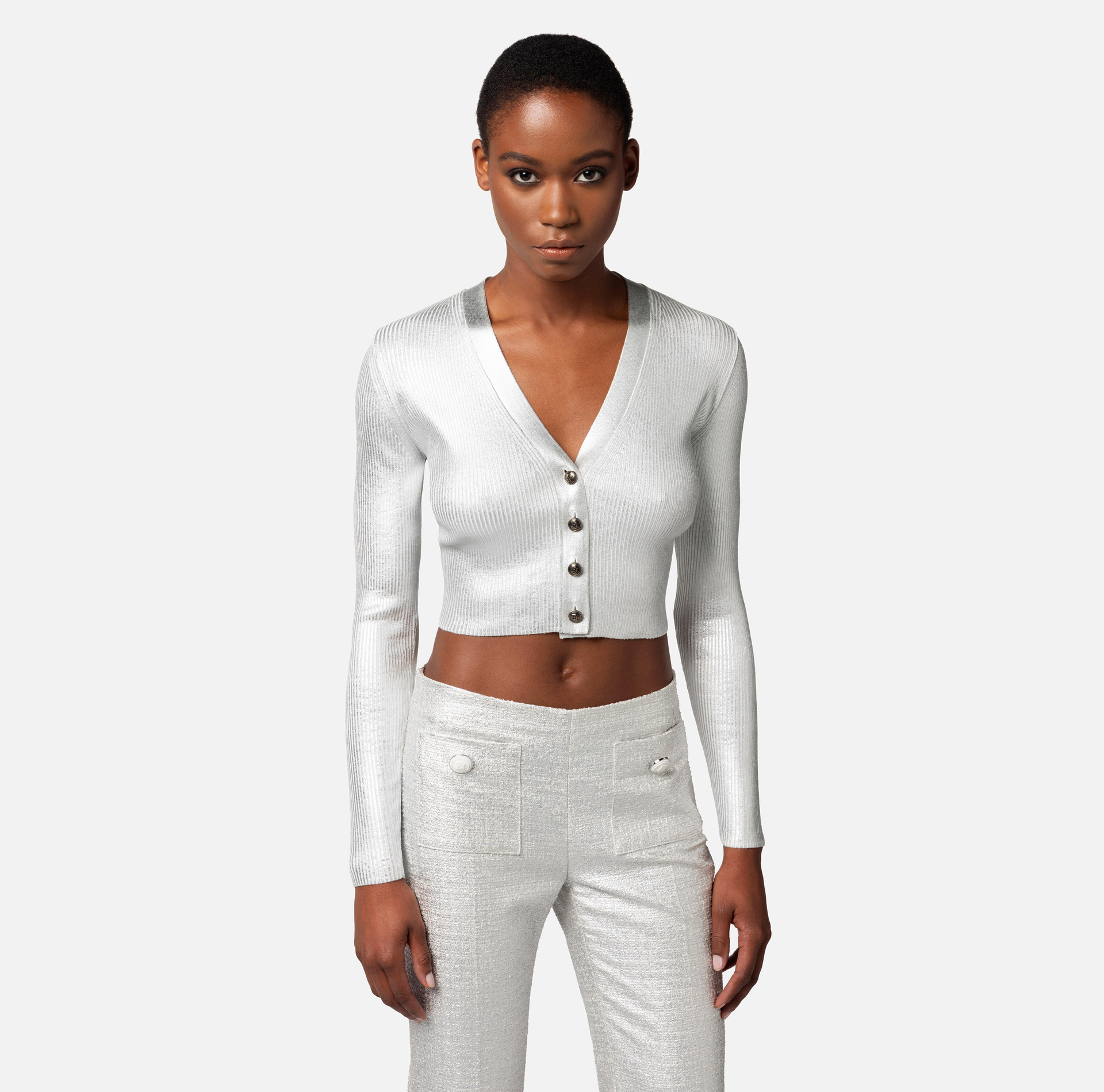 Cropped cardigan in laminated viscose fabric - Elisabetta Franchi® Outlet
