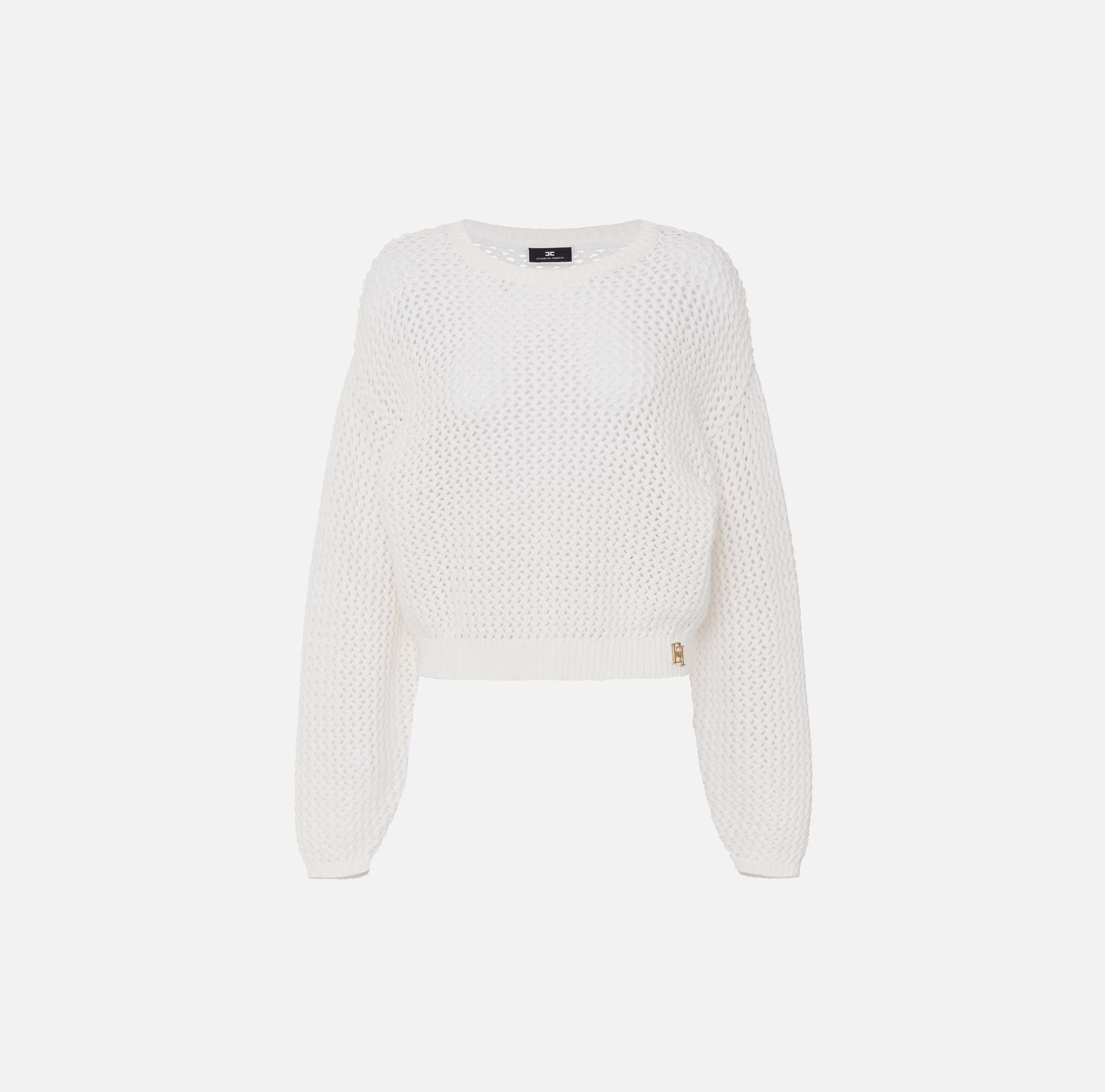Cotton top in mesh stitch with rhinestones - Elisabetta Franchi® Outlet