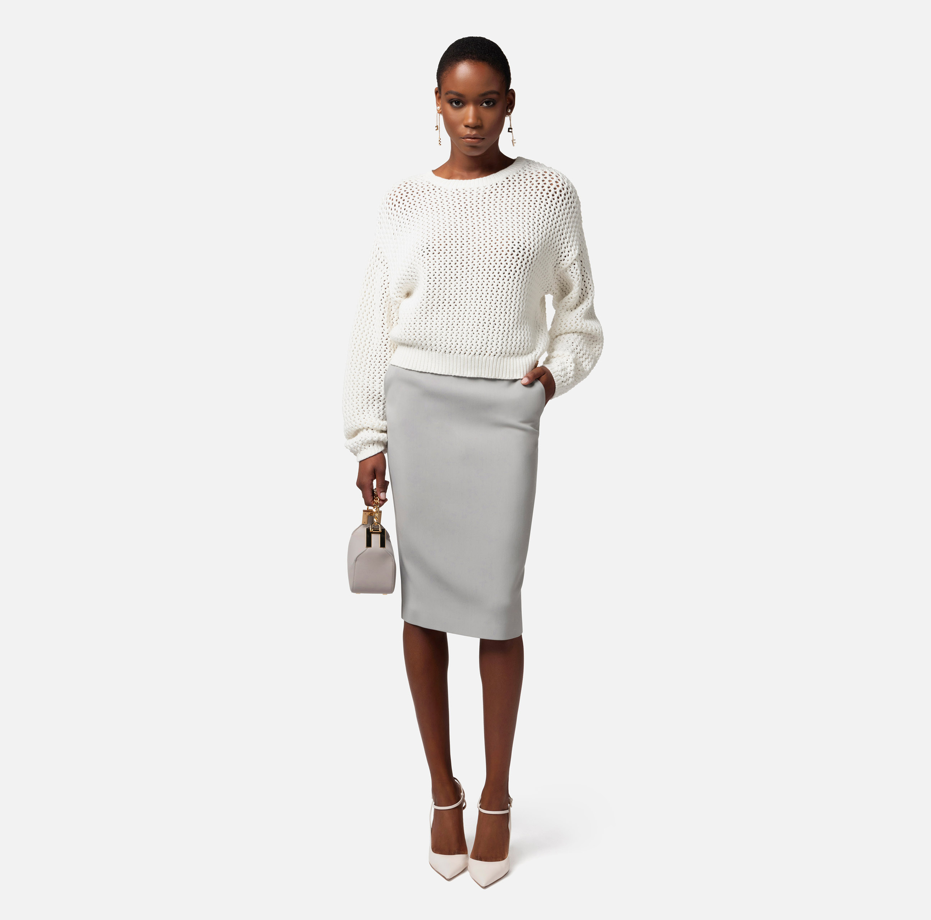 Cotton top in mesh stitch with rhinestones - Elisabetta Franchi® Outlet