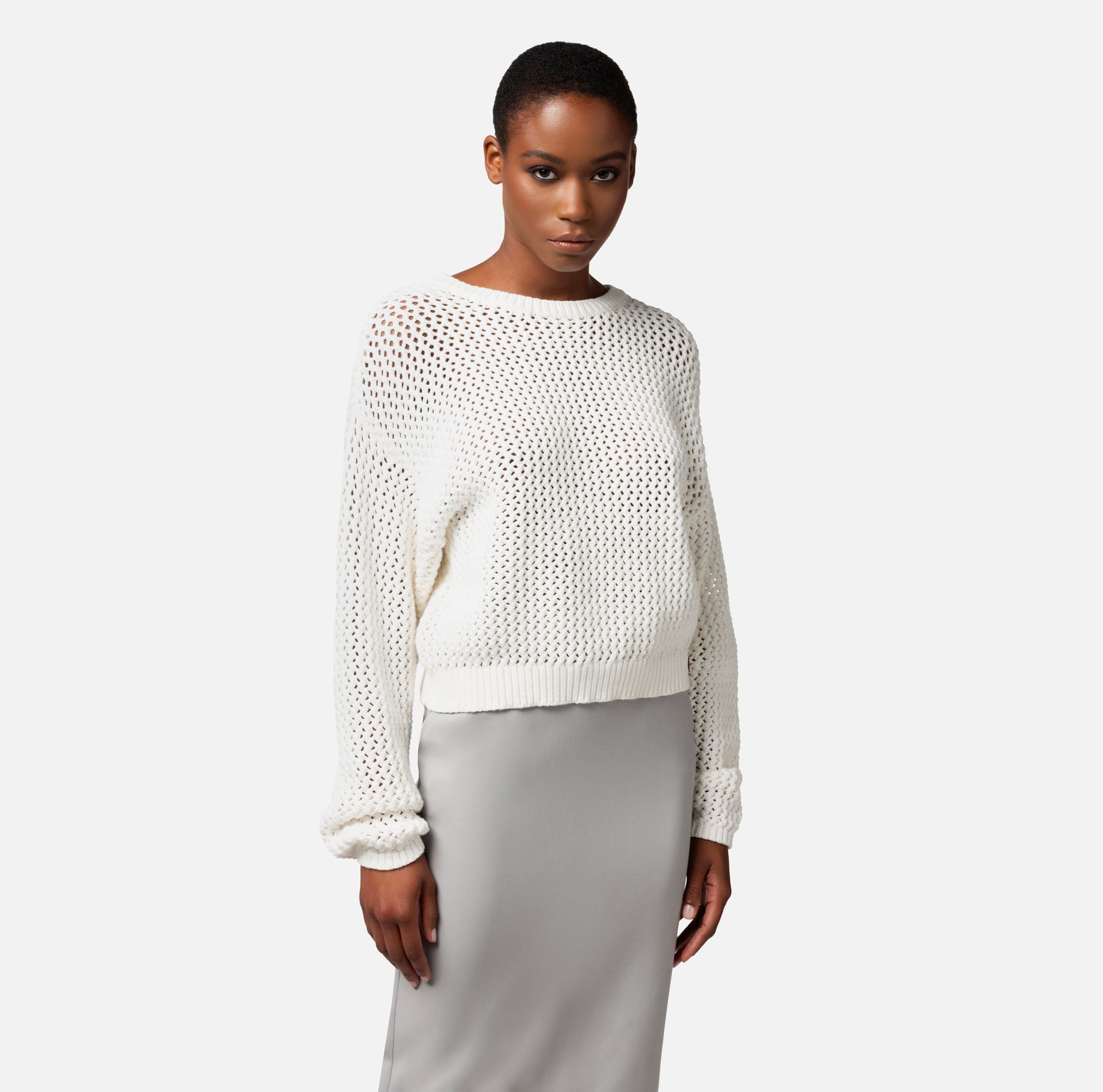 Cotton top in mesh stitch with rhinestones - Elisabetta Franchi® Outlet