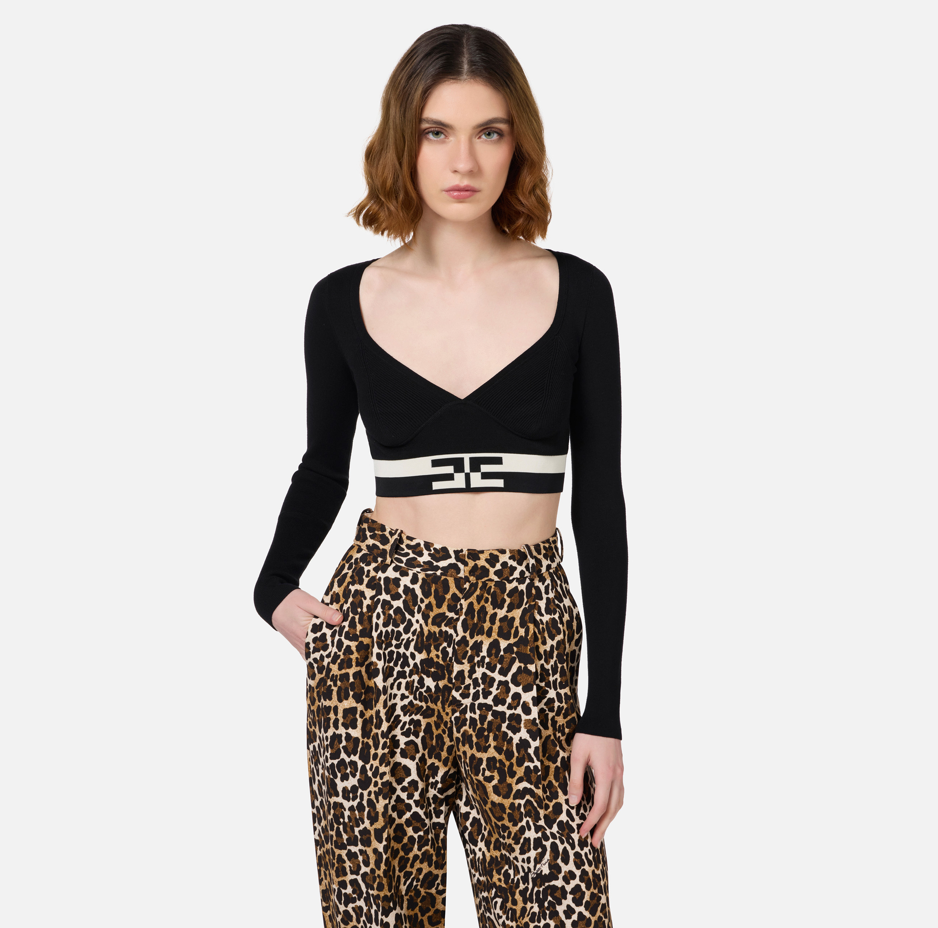 Top cropped en viscose avec bandes logo - Elisabetta Franchi® Outlet