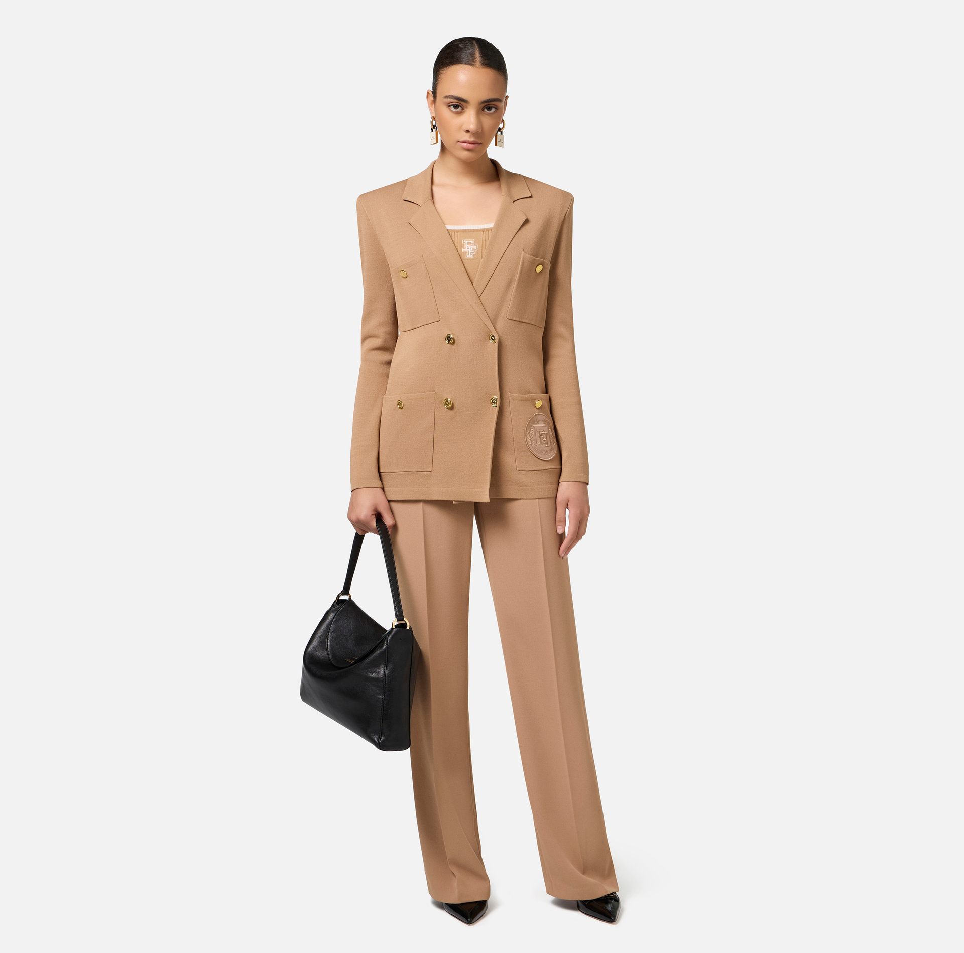 Viscose double-breasted jacket with logo patch - Elisabetta Franchi® Outlet