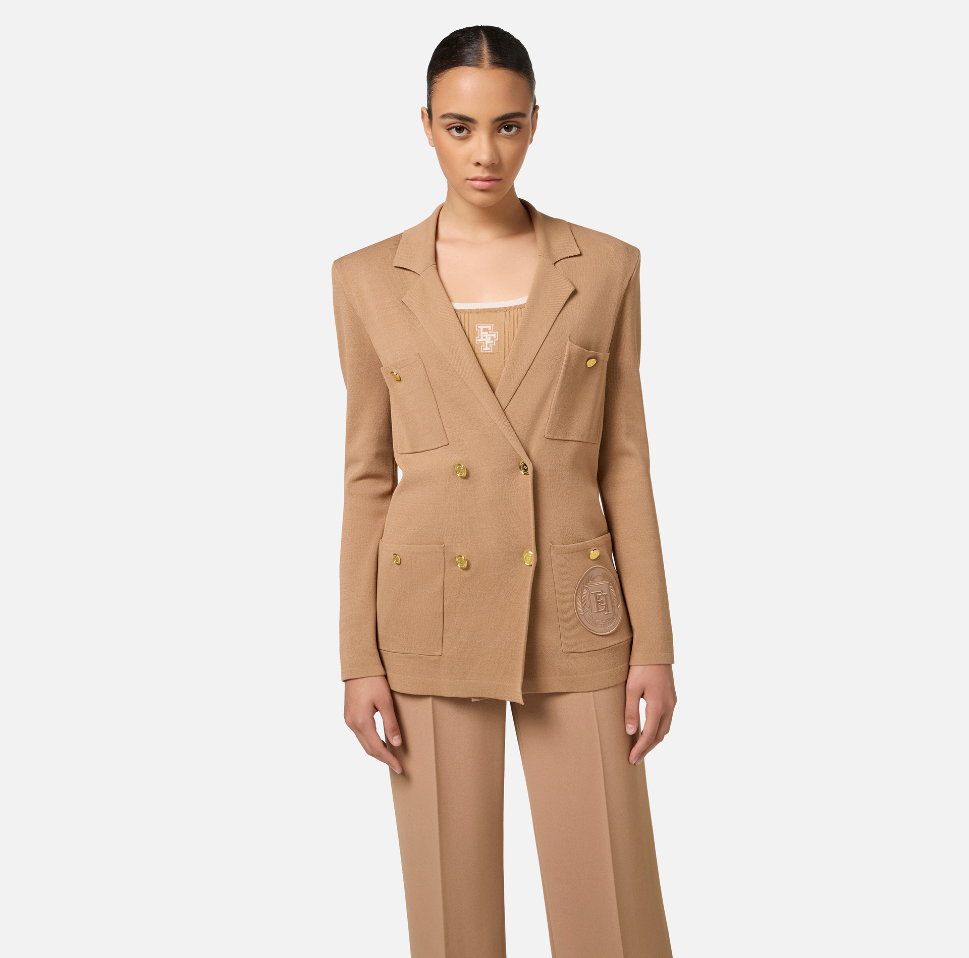 Viscose double-breasted jacket with logo patch - Elisabetta Franchi® Outlet