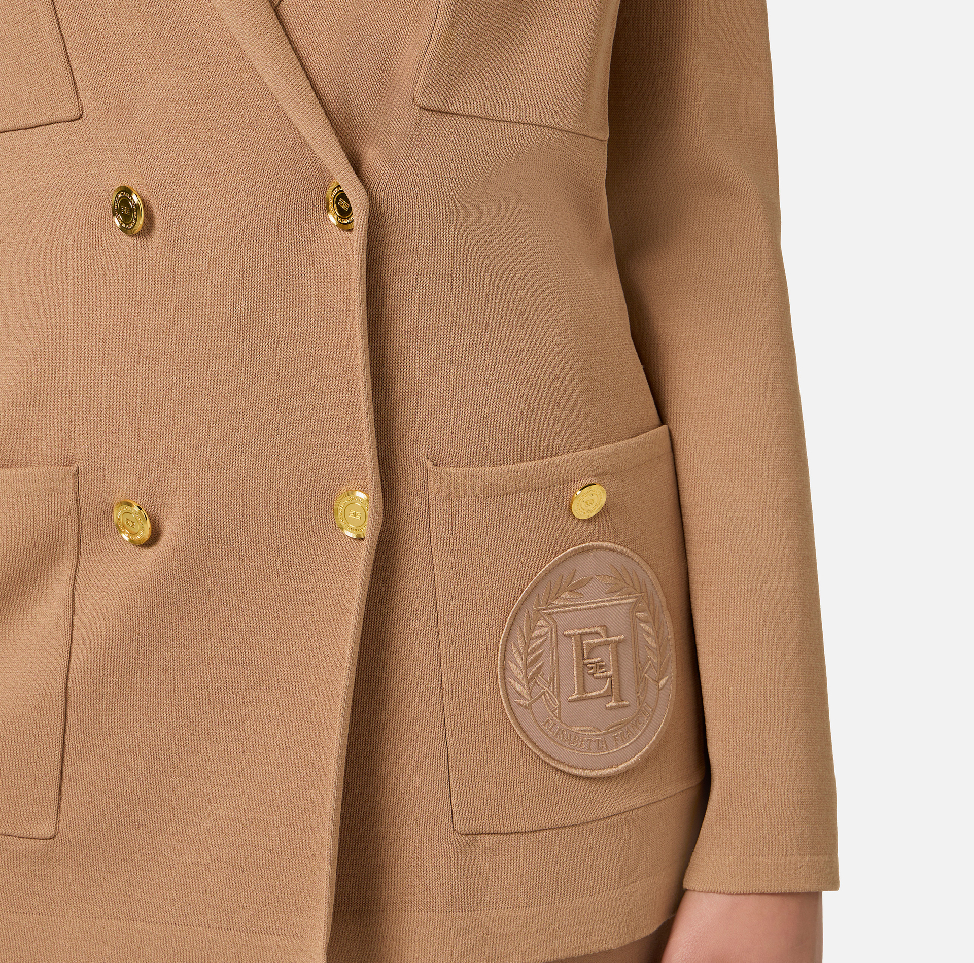 Viscose double-breasted jacket with logo patch - Elisabetta Franchi® Outlet