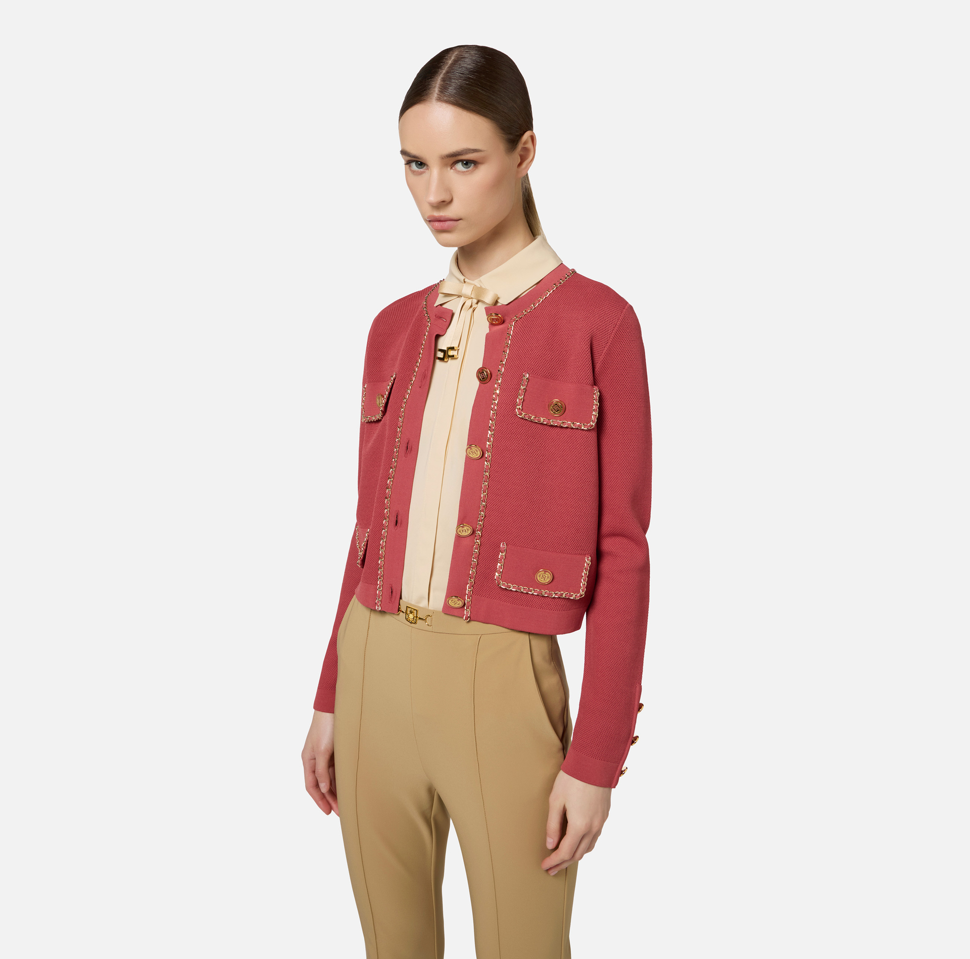 Viscose cropped jacket with chain | Elisabetta Franchi® Outlet
