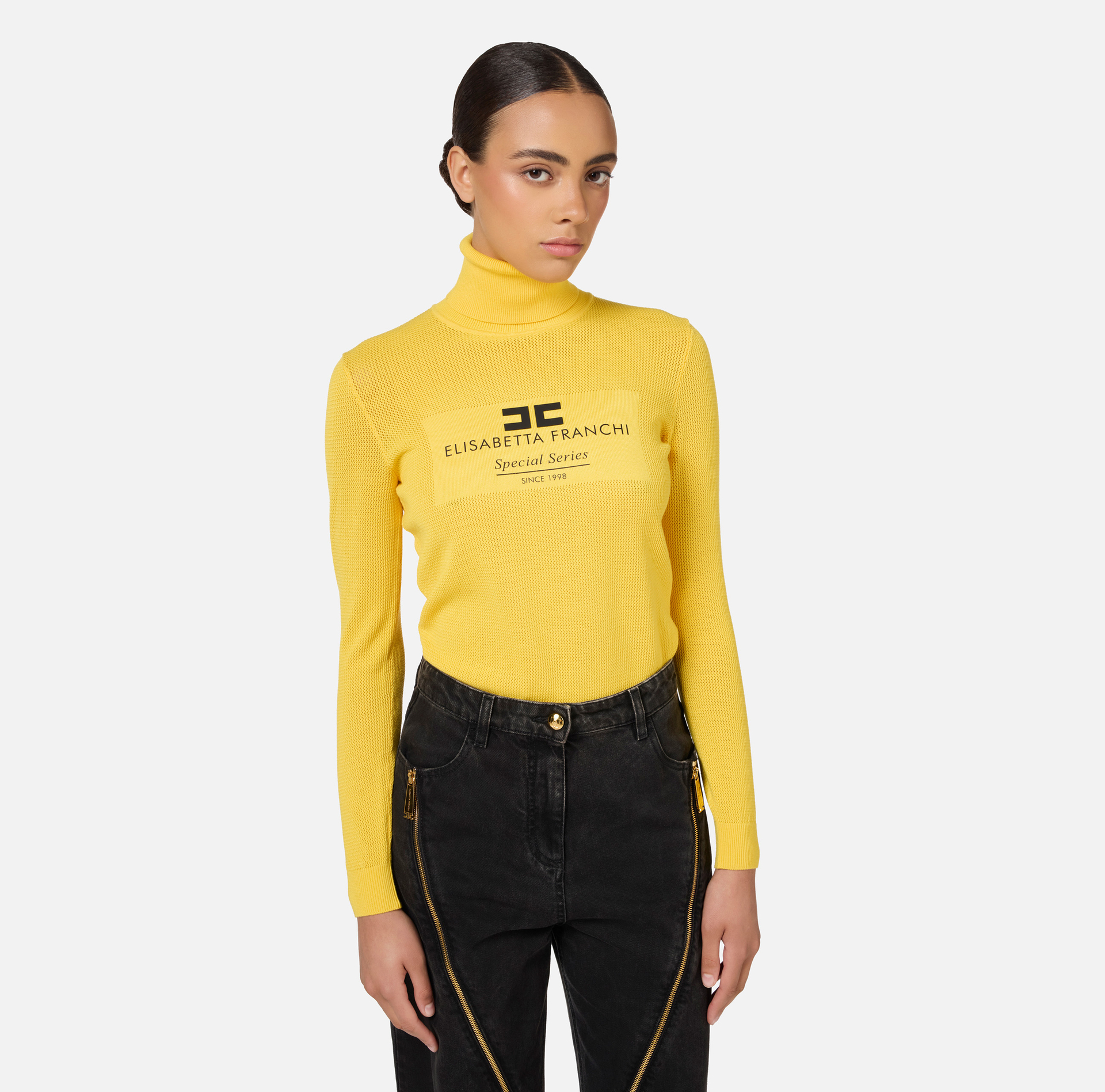 Viscose mesh stitch turtleneck with inlay | Elisabetta Franchi® Outlet