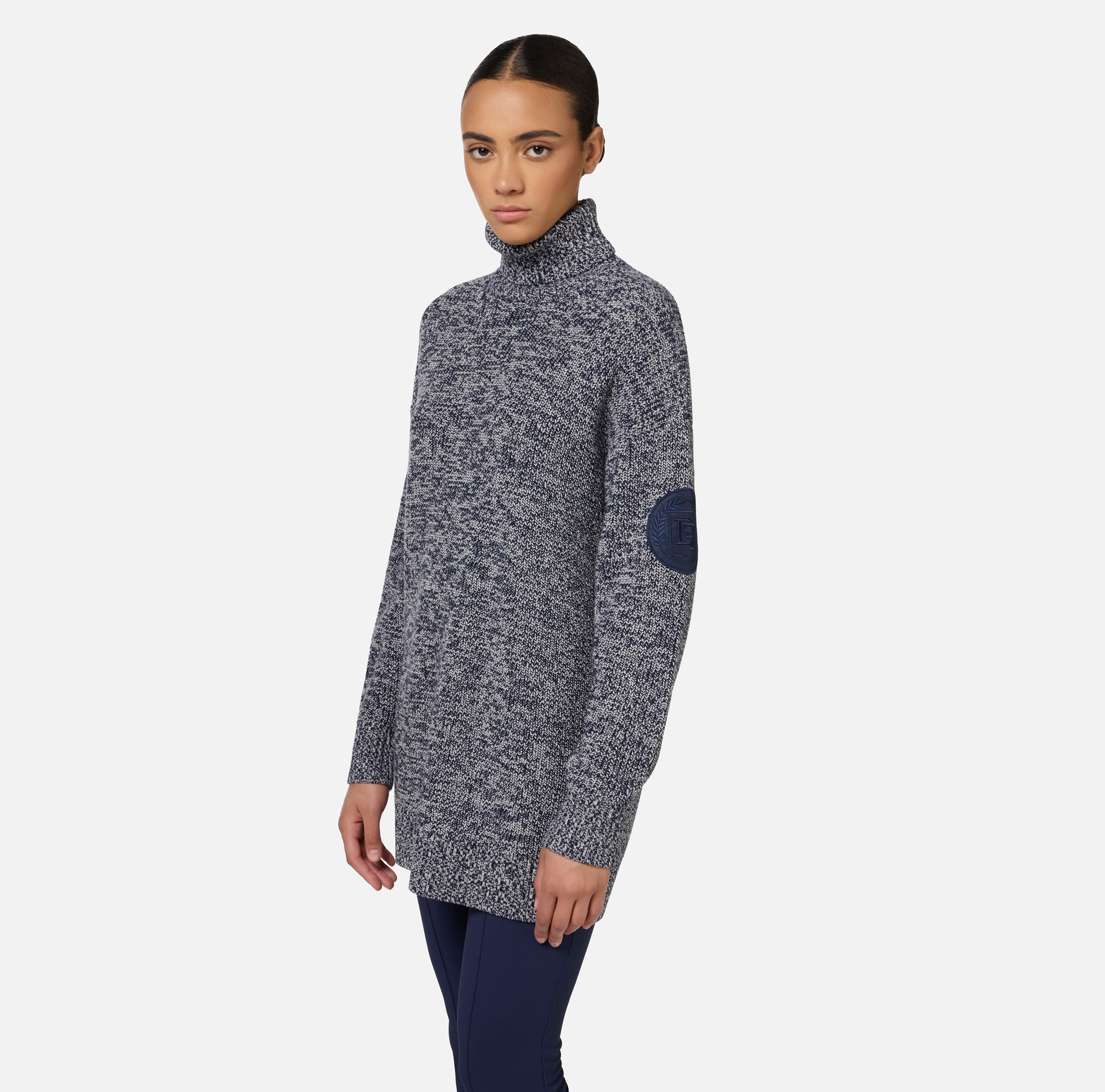 Mouliné viscose turtleneck with logo patch | Elisabetta Franchi® Outlet