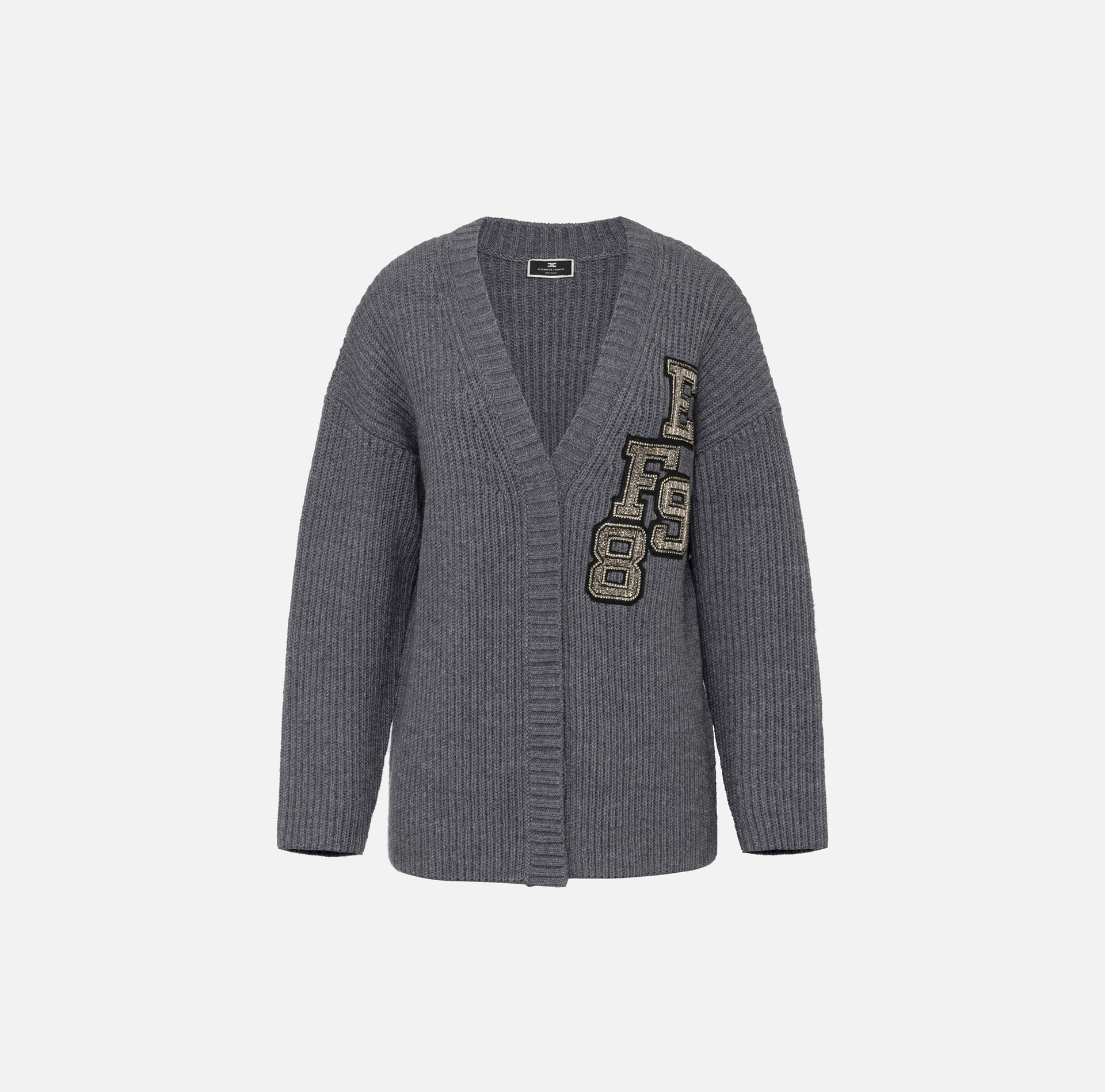 Cárdigan de lana de canalé inglés con parche del logotipo - Elisabetta Franchi® Outlet