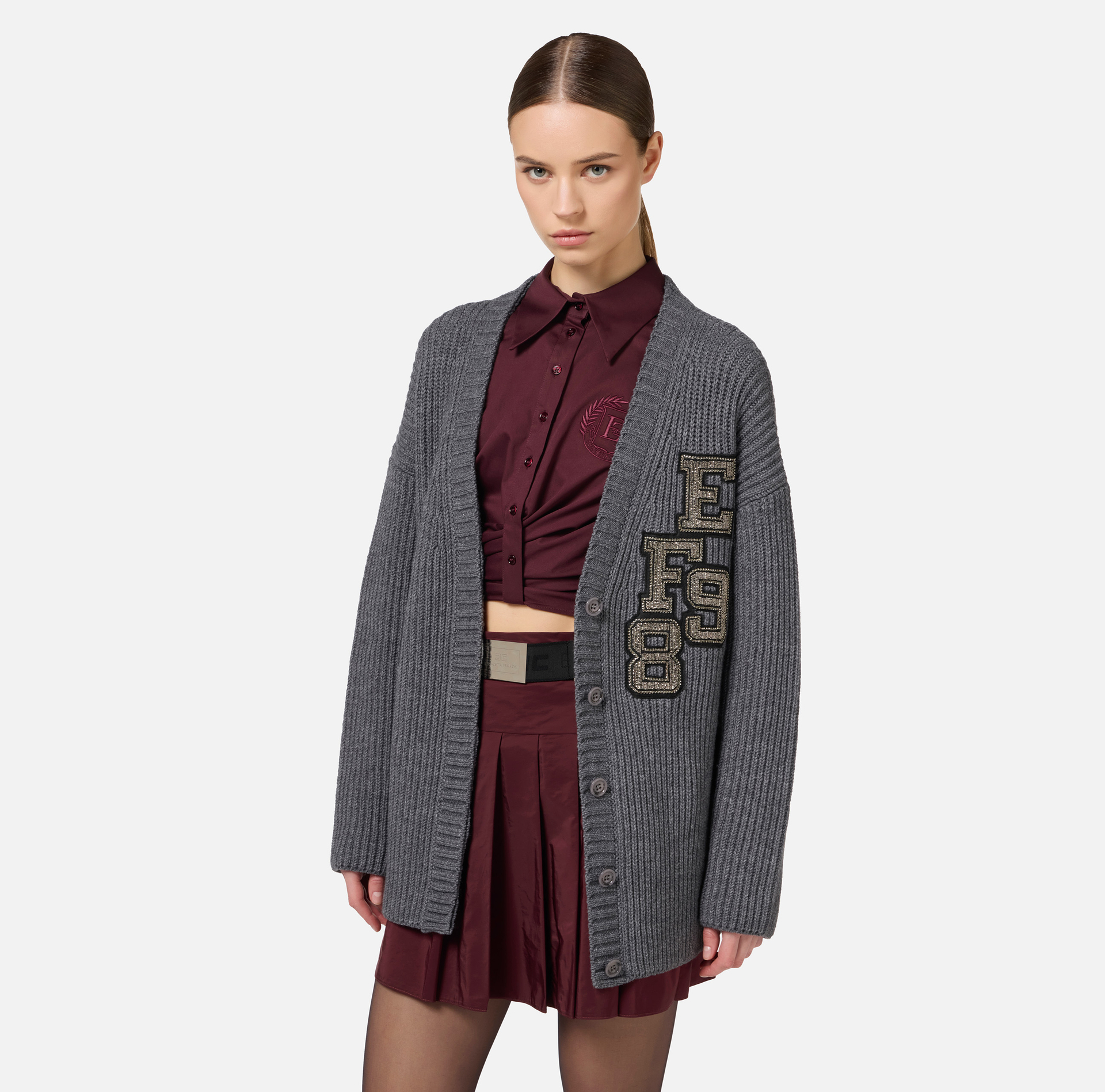 Cárdigan de lana de canalé inglés con parche del logotipo - Elisabetta Franchi® Outlet
