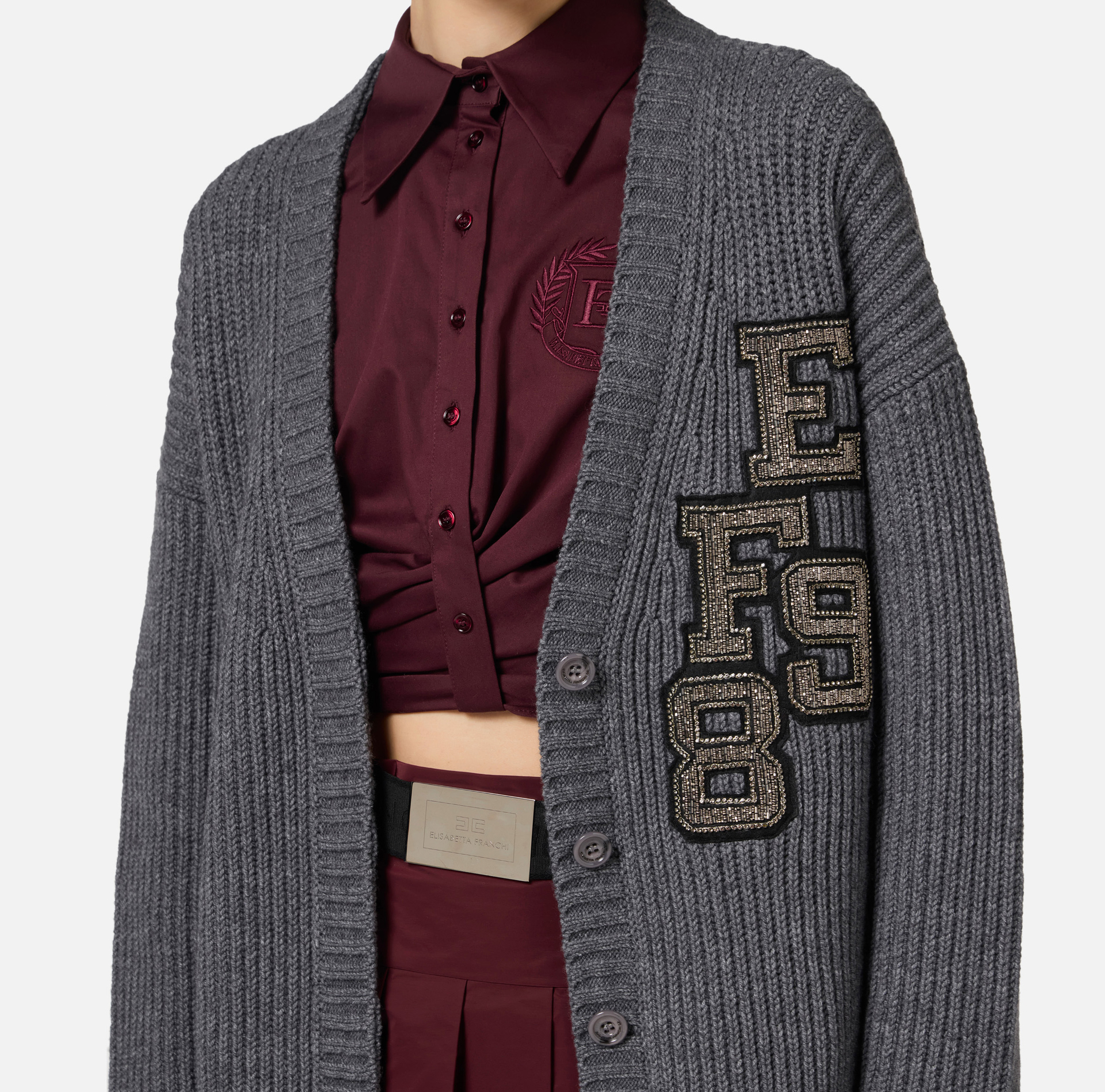 Cárdigan de lana de canalé inglés con parche del logotipo - Elisabetta Franchi® Outlet