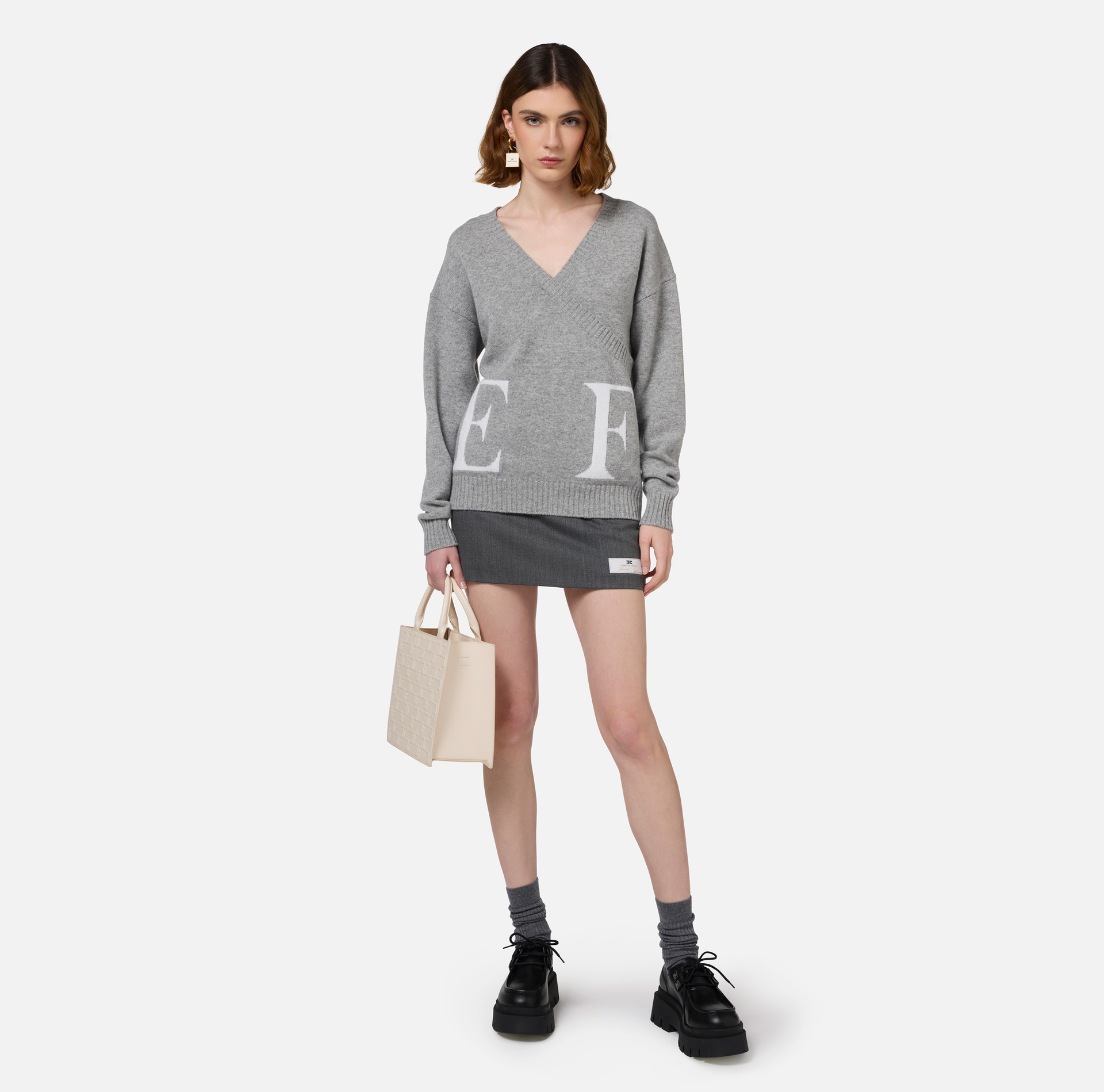 Maglia incrociata in misto lana con logo - Elisabetta Franchi® Outlet