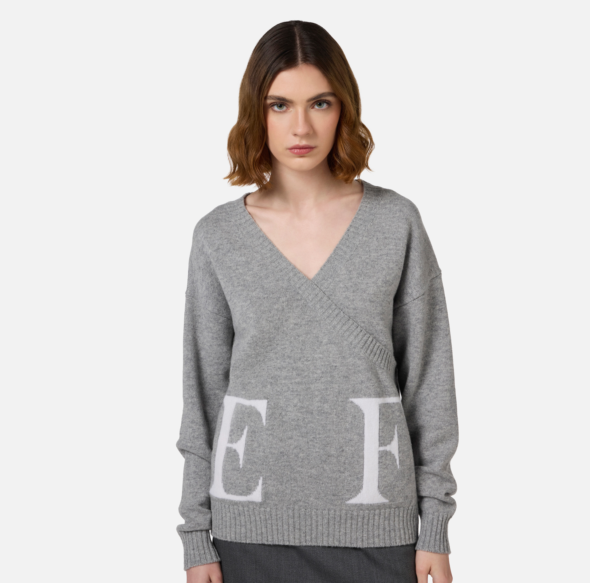 Maglia incrociata in misto lana con logo - Elisabetta Franchi® Outlet