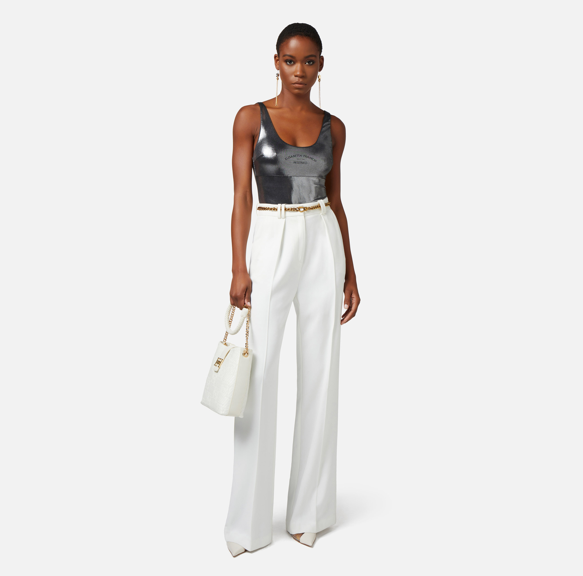 Pantalone dritto in viscosa con cintura - Elisabetta Franchi® Outlet