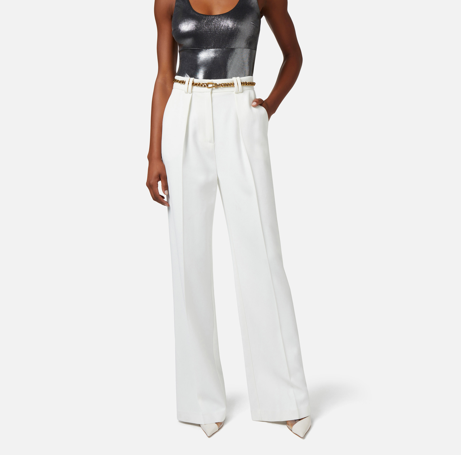 Pantalone dritto in viscosa con cintura - Elisabetta Franchi® Outlet