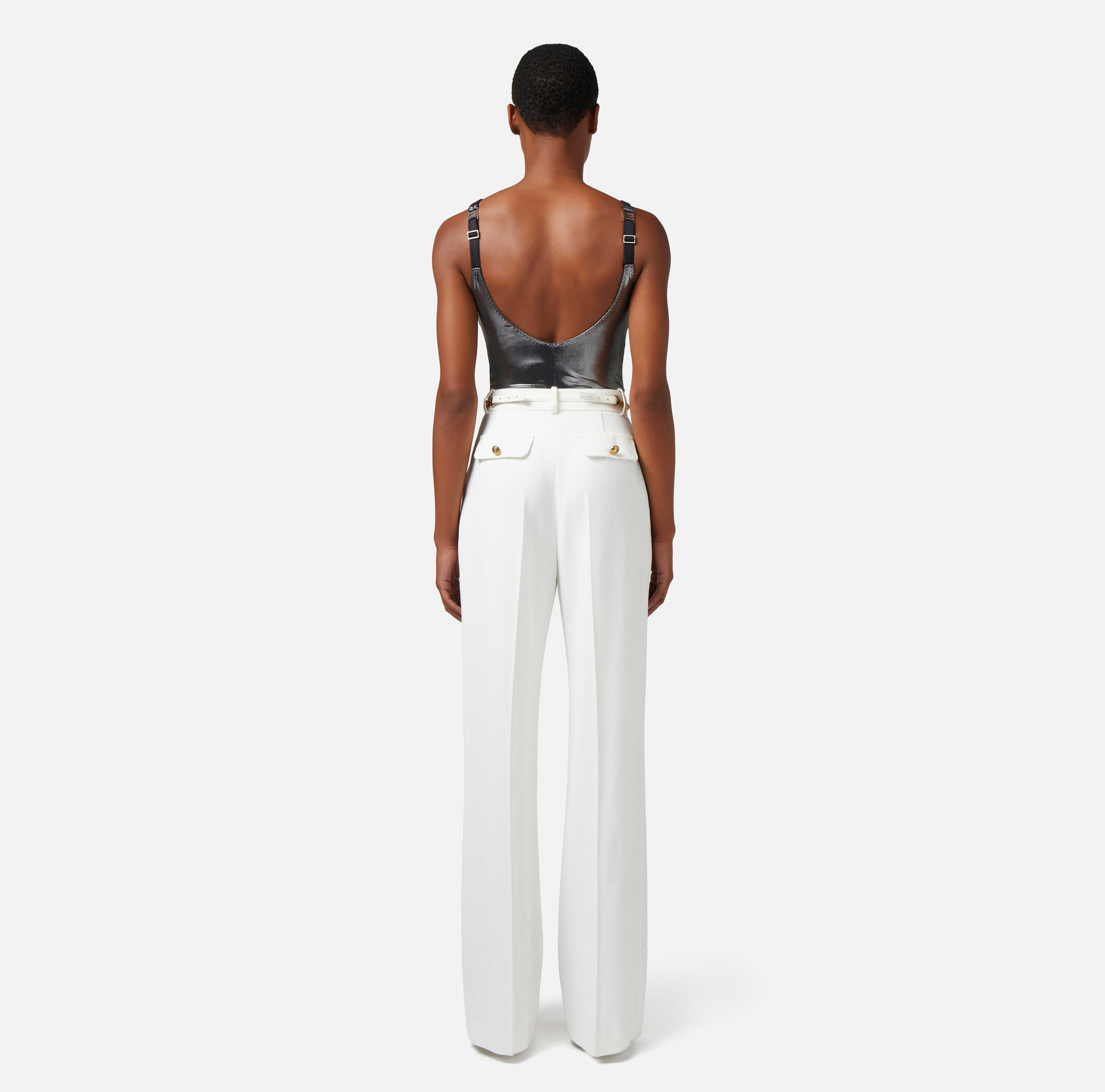 Pantalone dritto in viscosa con cintura - Elisabetta Franchi® Outlet