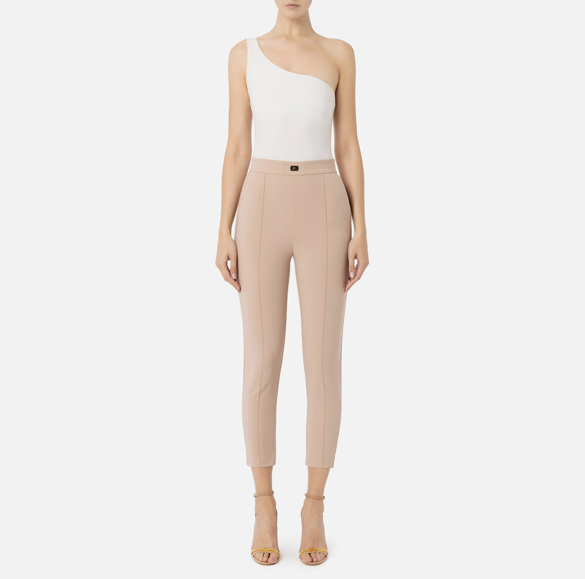 Straight trousers in technical fabric with horsebit - Elisabetta Franchi® Outlet