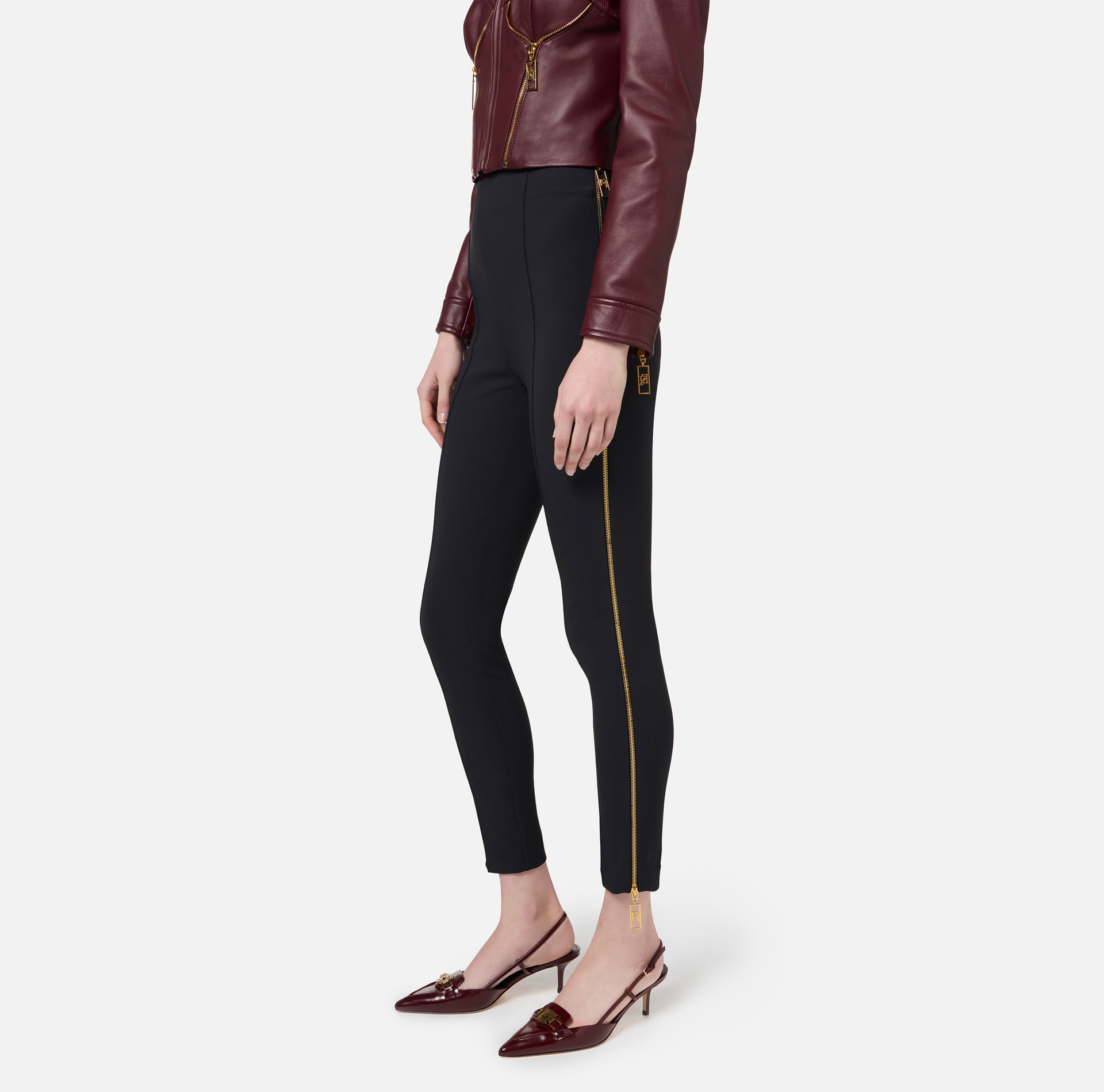 Pantalon droit en crêpe stretch avec zips - Elisabetta Franchi® Outlet