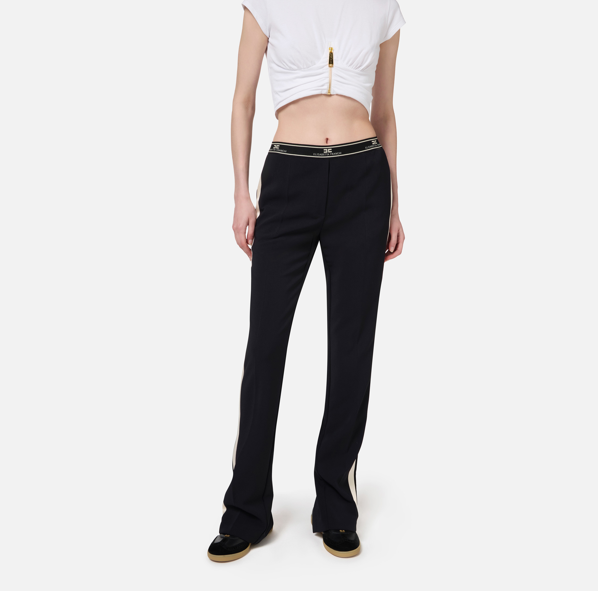 Straight trousers in crêpe fabric with side band | Elisabetta Franchi® Outlet