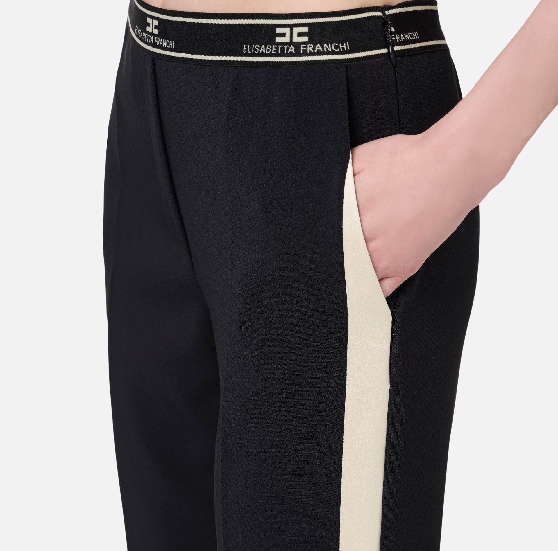 Straight trousers in crêpe fabric with side band | Elisabetta Franchi® Outlet