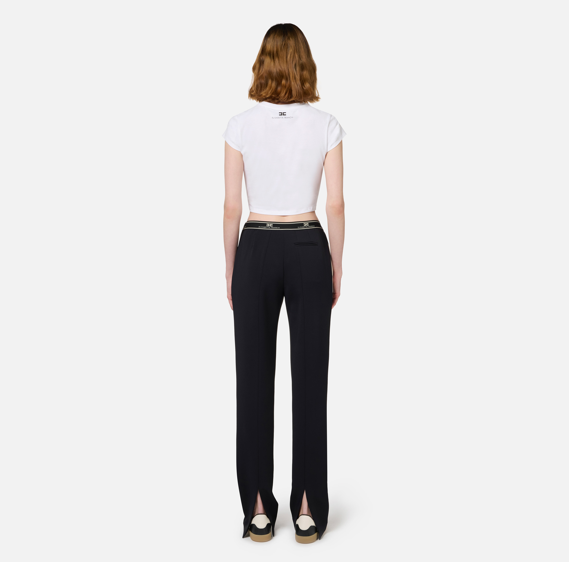 Straight trousers in crêpe fabric with side band | Elisabetta Franchi® Outlet