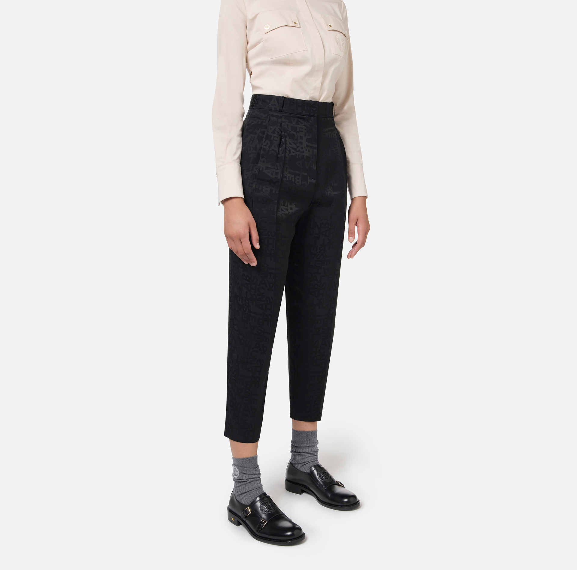 Straight trousers in jacquard crêpe fabric with lettering - Elisabetta Franchi® Outlet