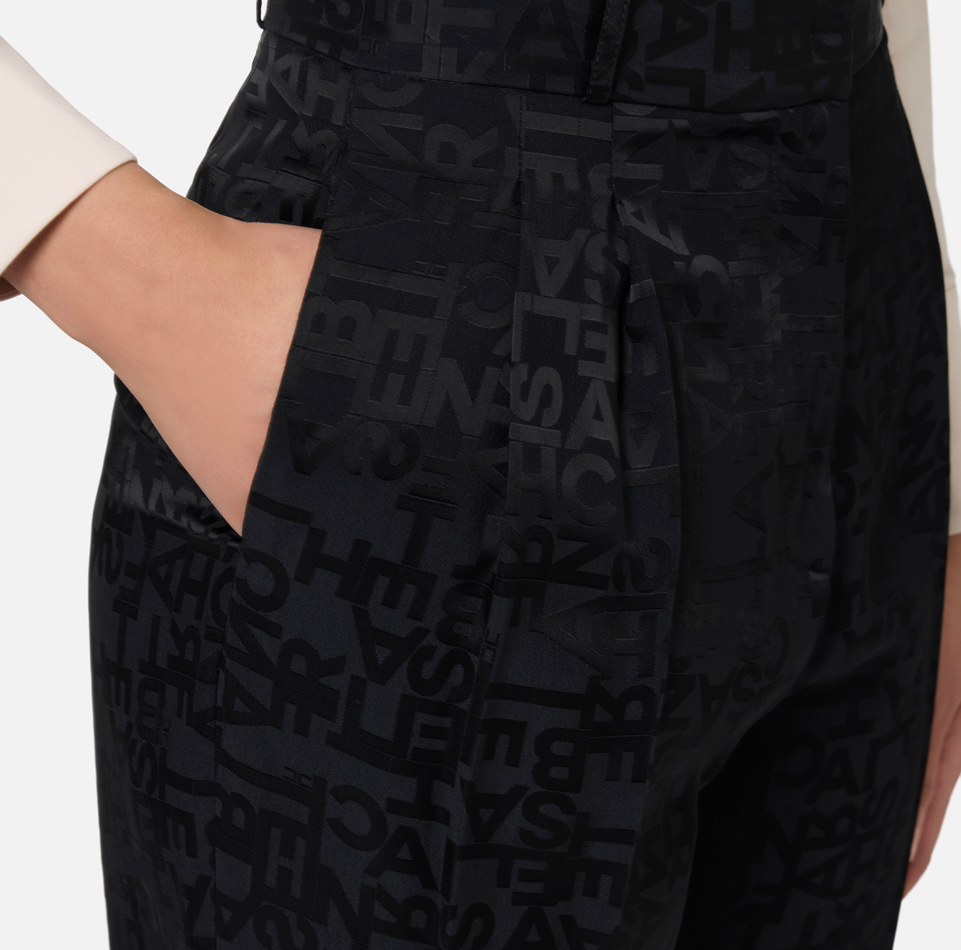 Straight trousers in jacquard crêpe fabric with lettering - Elisabetta Franchi® Outlet