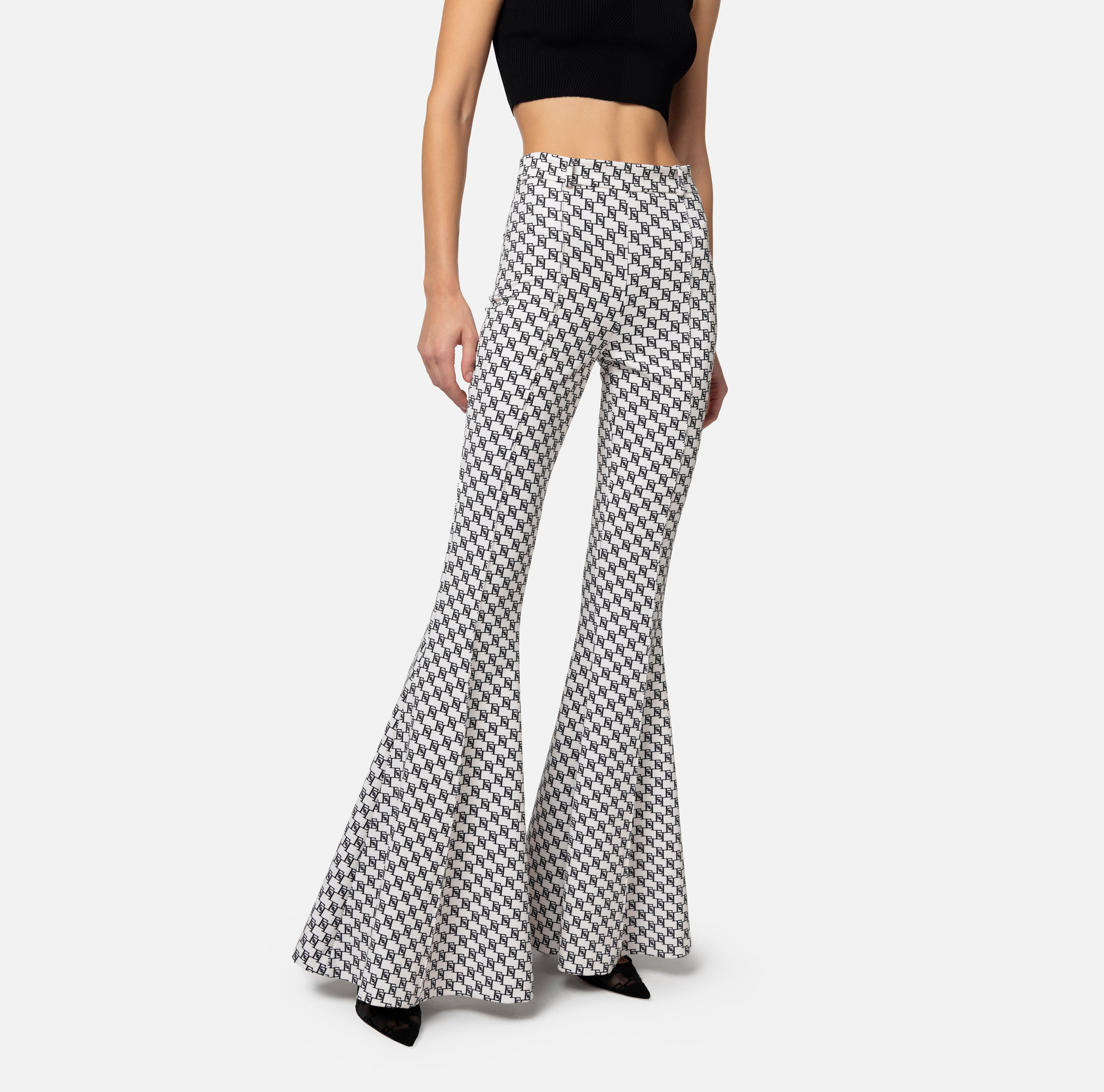 Pantalon à patte d’éph en crêpe stretch imprimé logo - Elisabetta Franchi® Outlet