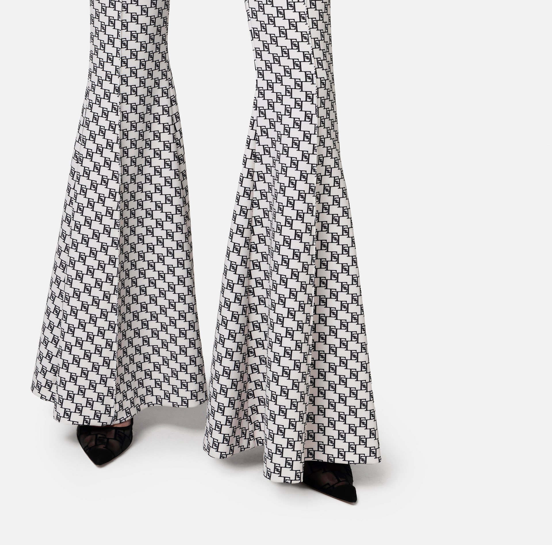 Pantalon à patte d’éph en crêpe stretch imprimé logo - Elisabetta Franchi® Outlet