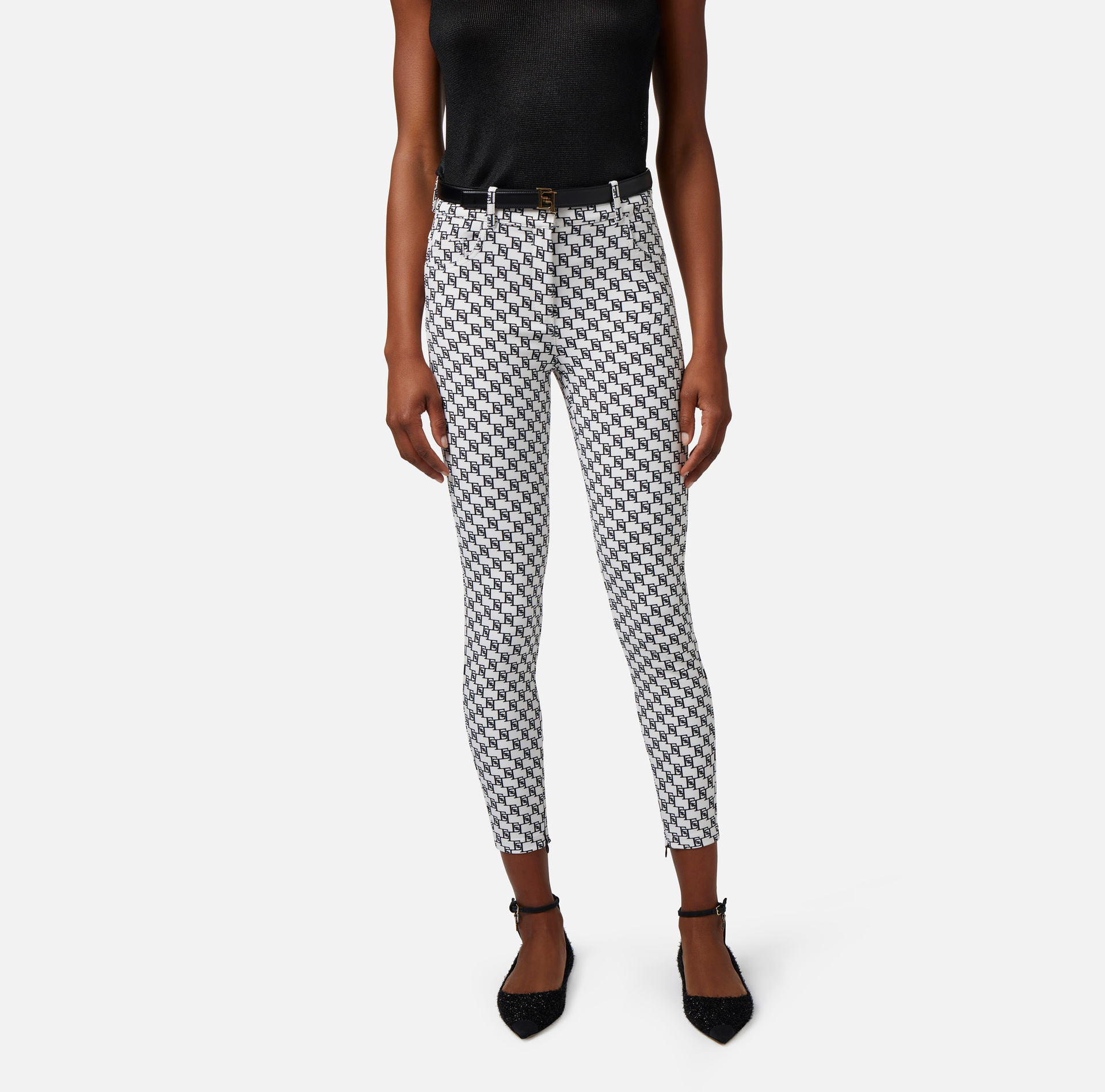Five-pocket trousers in double layer crêpe fabric with logo print - Elisabetta Franchi® Outlet