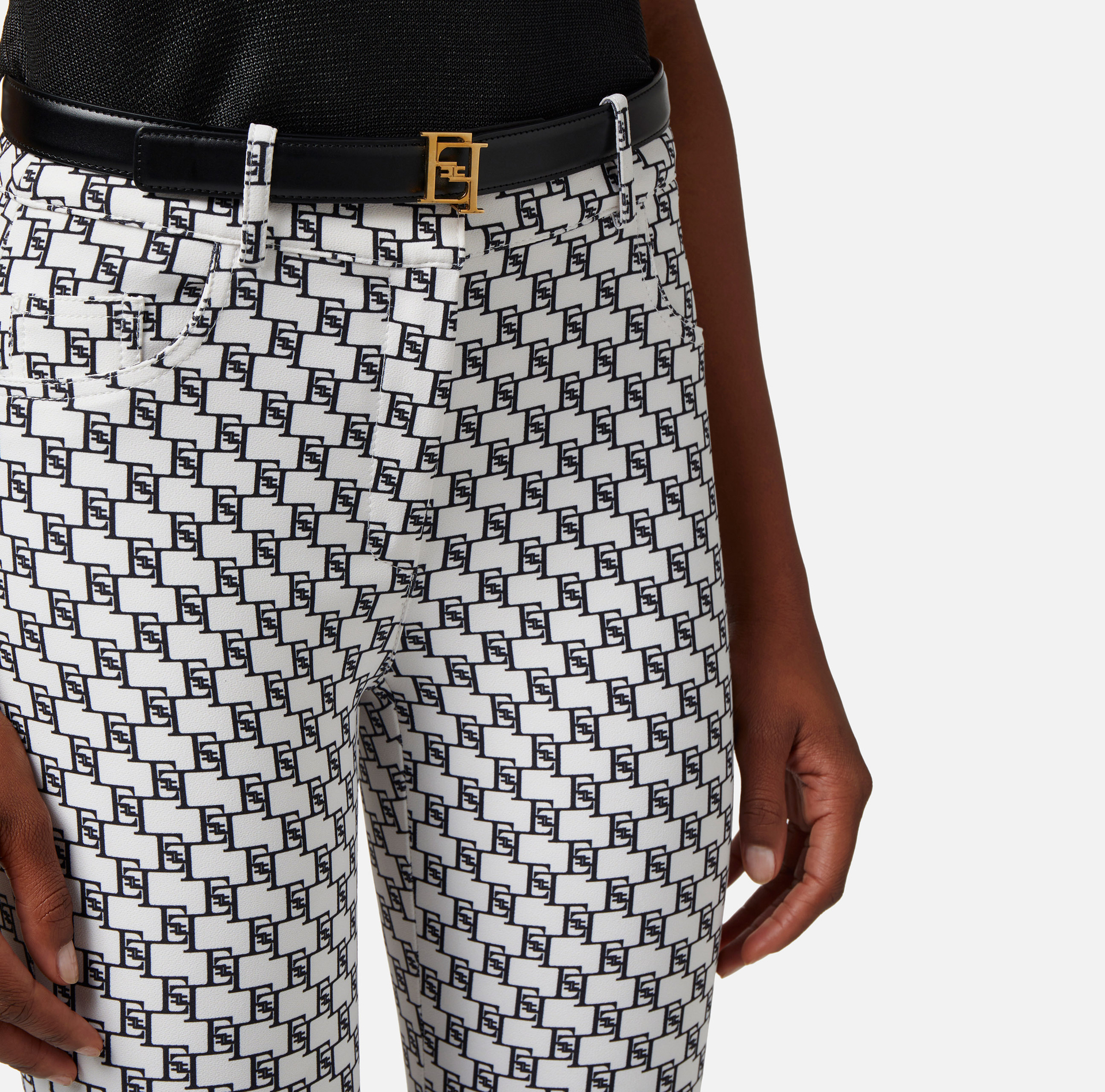 Five-pocket trousers in double layer crêpe fabric with logo print - Elisabetta Franchi® Outlet