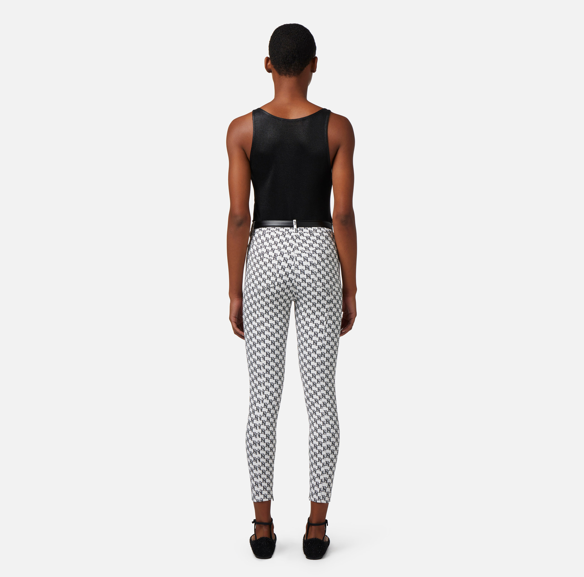 Five-pocket trousers in double layer crêpe fabric with logo print - Elisabetta Franchi® Outlet