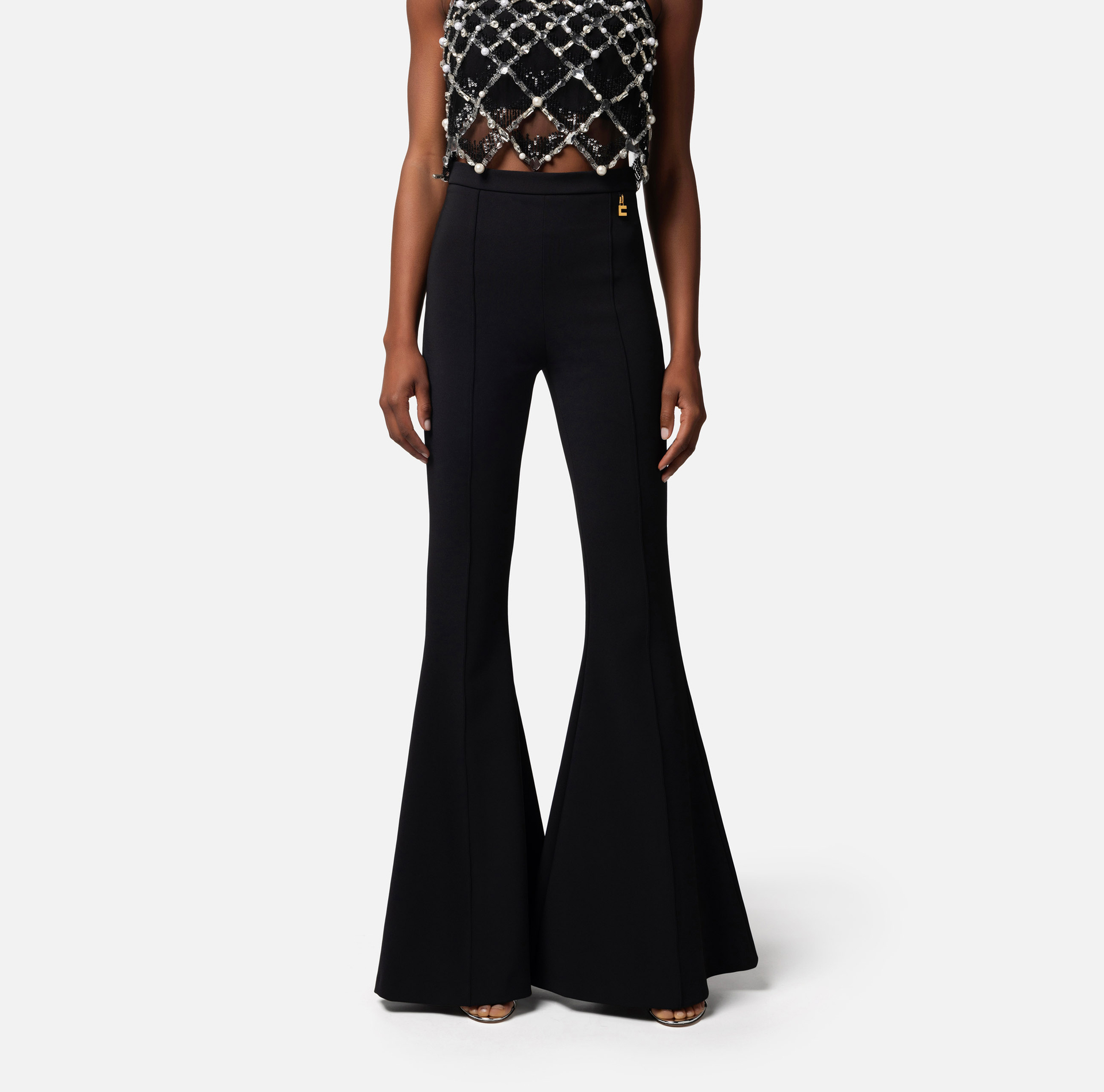 Bell-bottom trousers in stretch crêpe fabric with charms - Elisabetta Franchi® Outlet