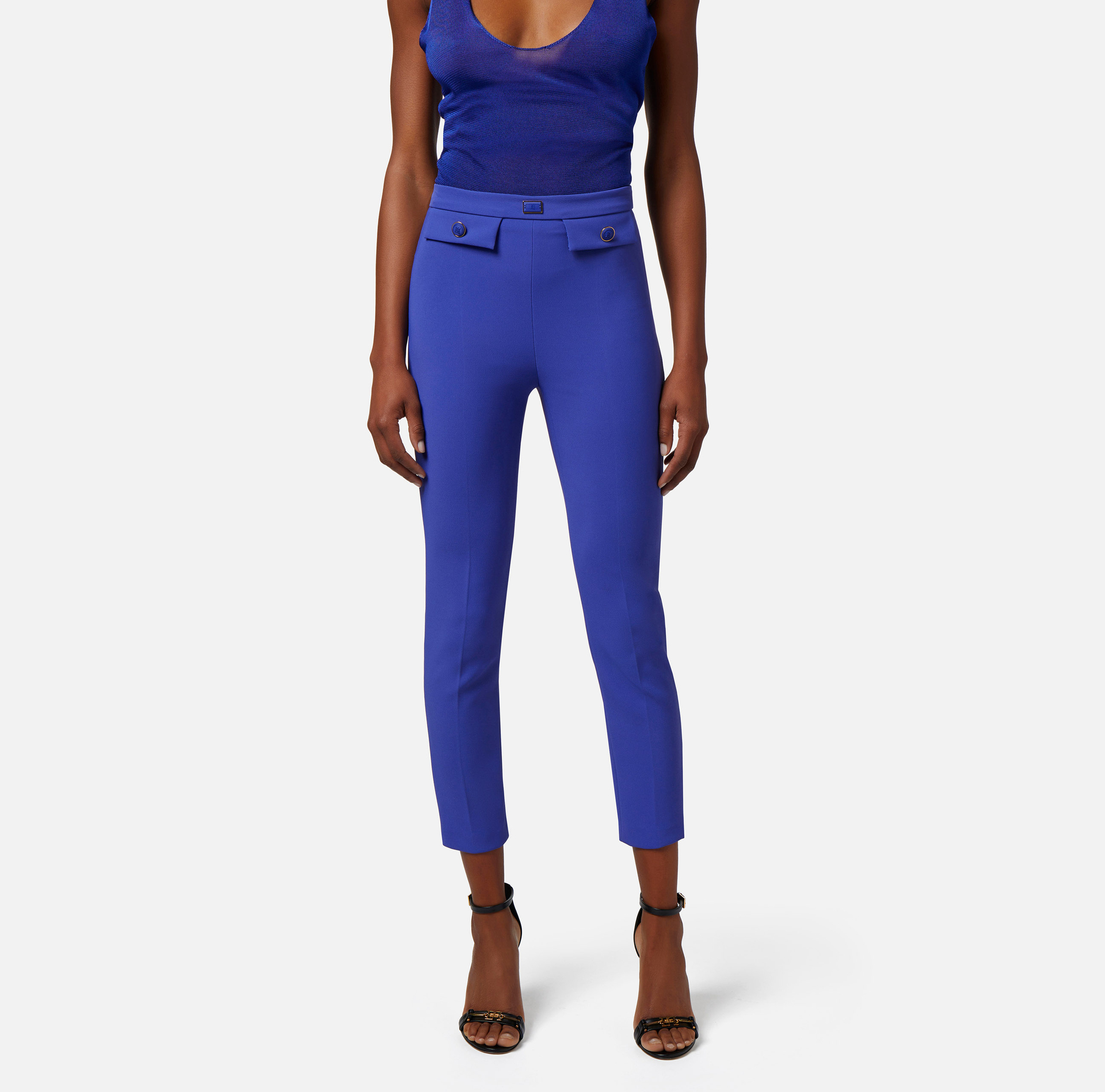 Pantalone dritto in crêpe stretch con patte - Elisabetta Franchi® Outlet
