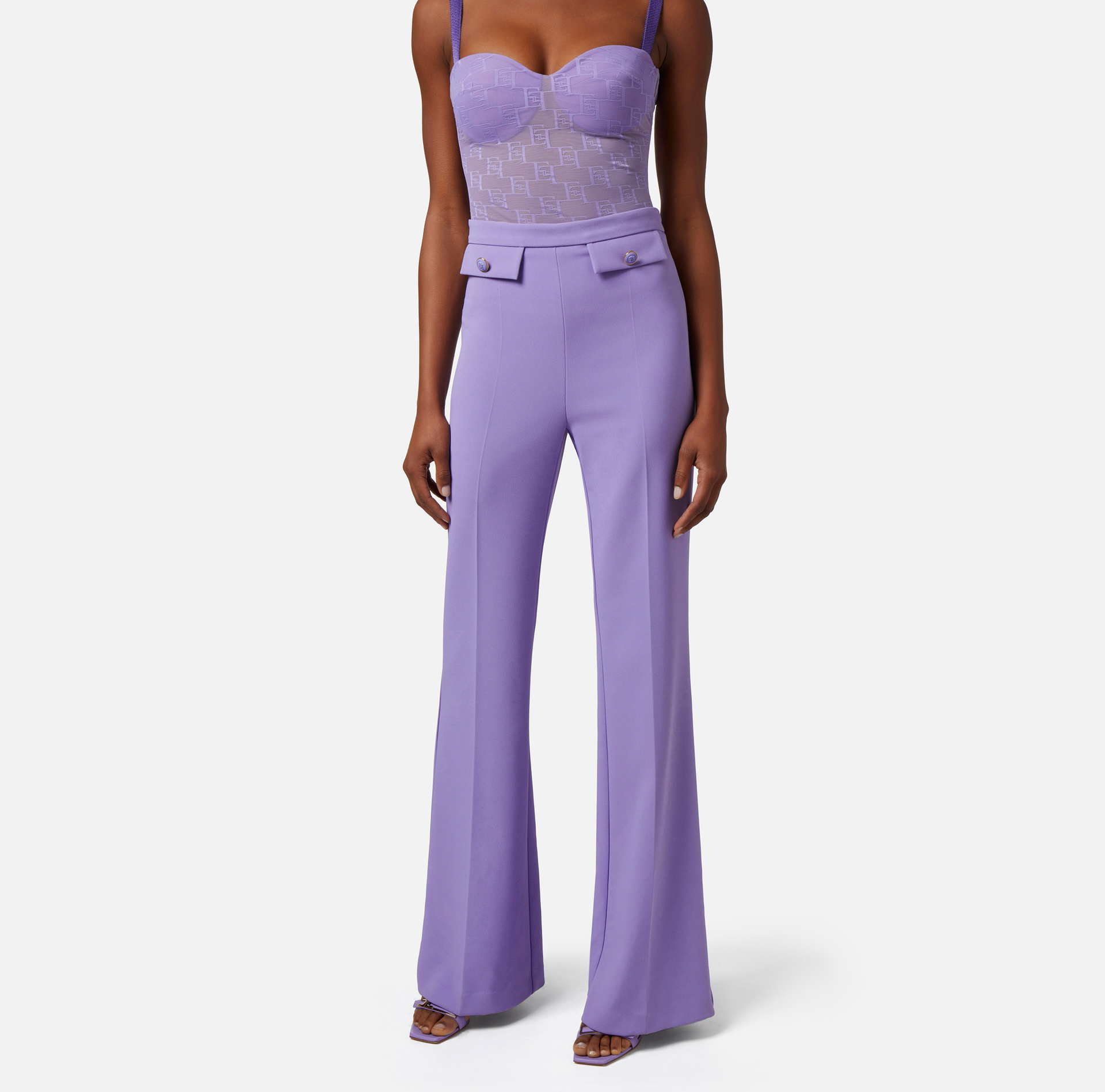 Pantalón palazzo de crepé elástico con solapas - Elisabetta Franchi® Outlet