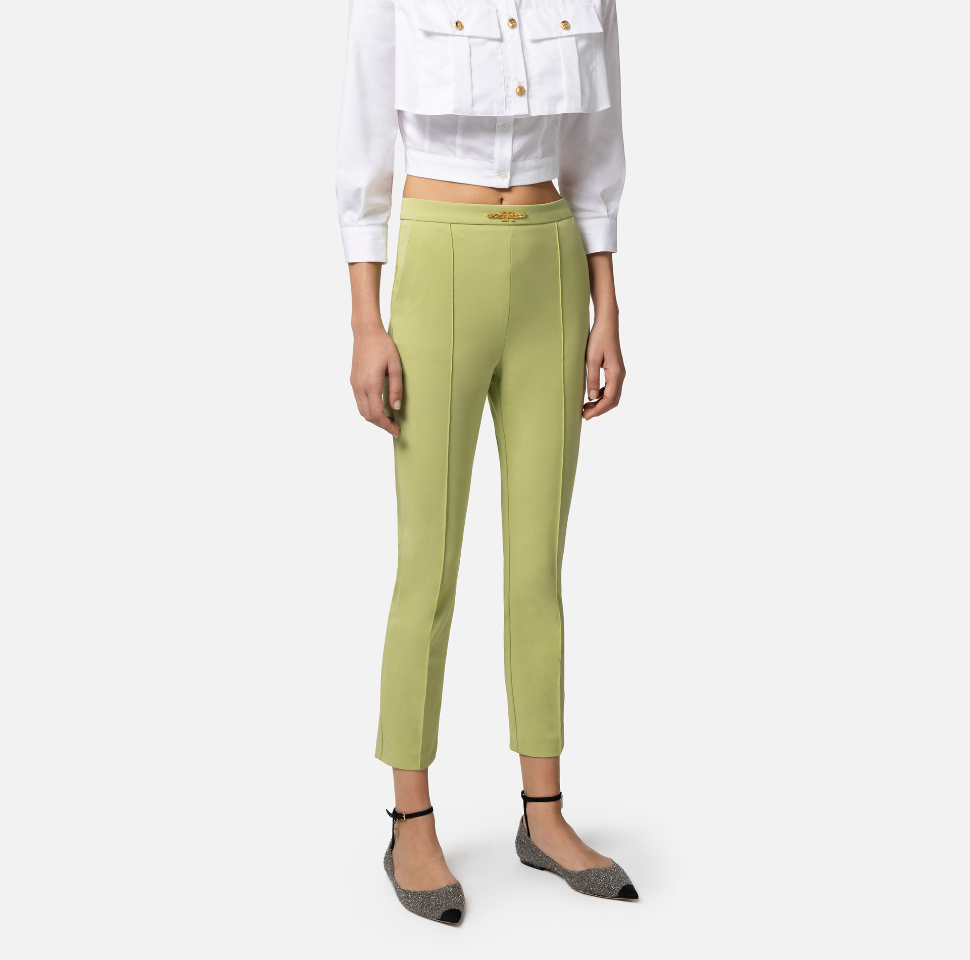 Pantalon droit en tissu technique bi-élastique avec mors - Elisabetta Franchi® Outlet