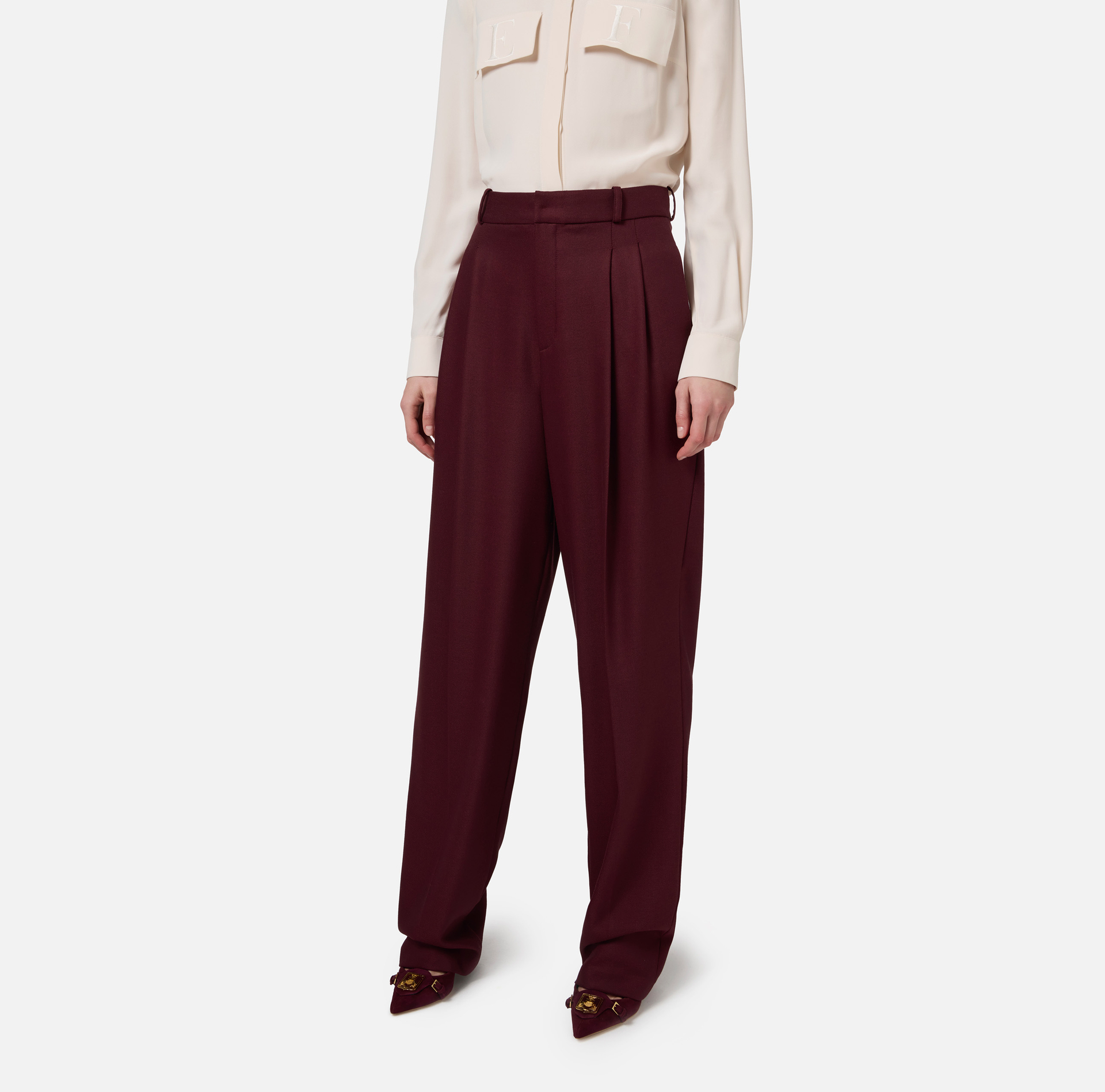 Pantalon jambe large avec pinces doubles en laine froide stretch - Elisabetta Franchi® Outlet