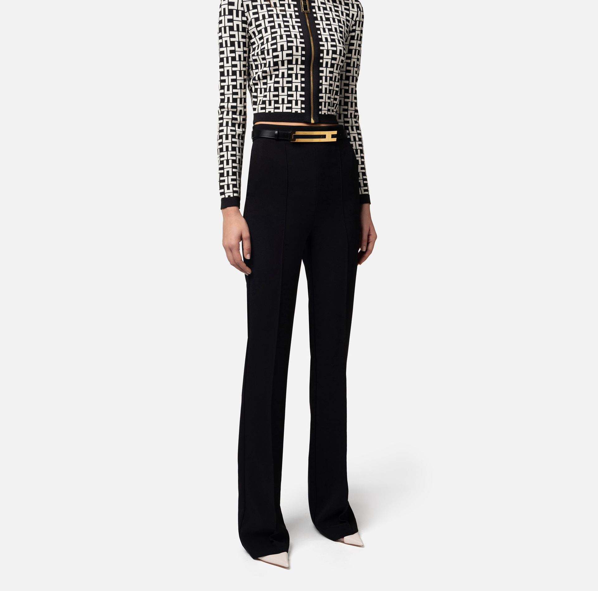 Straight trousers in stretch crêpe fabric with belt - Elisabetta Franchi® Outlet