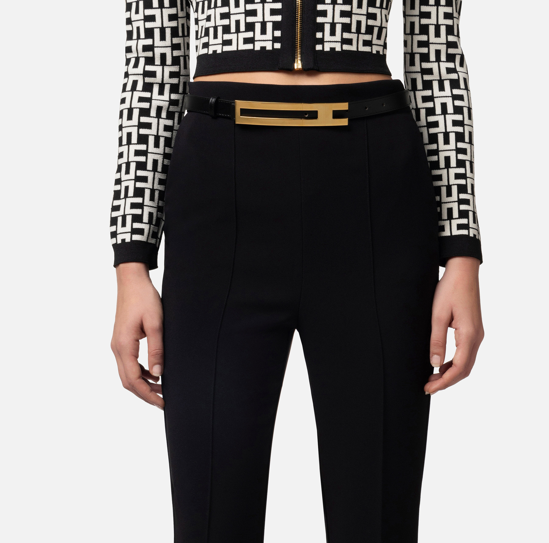 Straight trousers in stretch crêpe fabric with belt - Elisabetta Franchi® Outlet