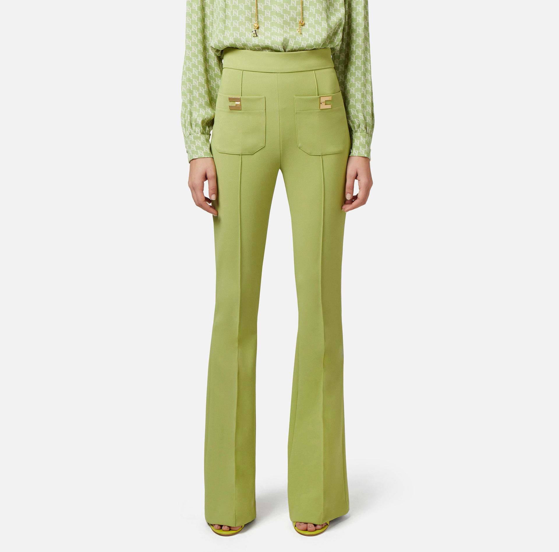 Pantalon palazzo en crêpe stretch avec plaques logo - Elisabetta Franchi® Outlet