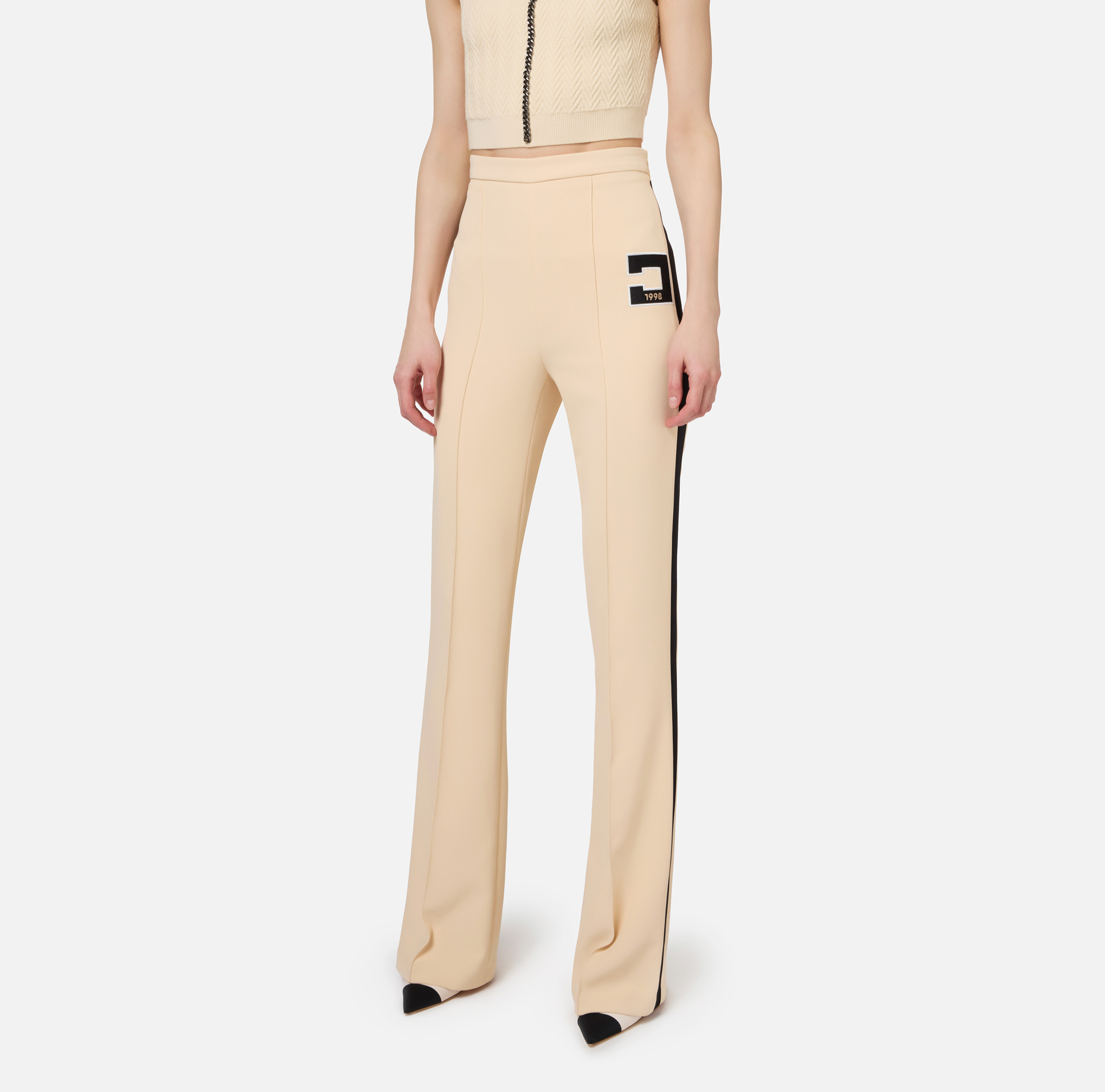 Stretch crêpe straight trousers with bands and logo embroidery - Elisabetta Franchi® Outlet