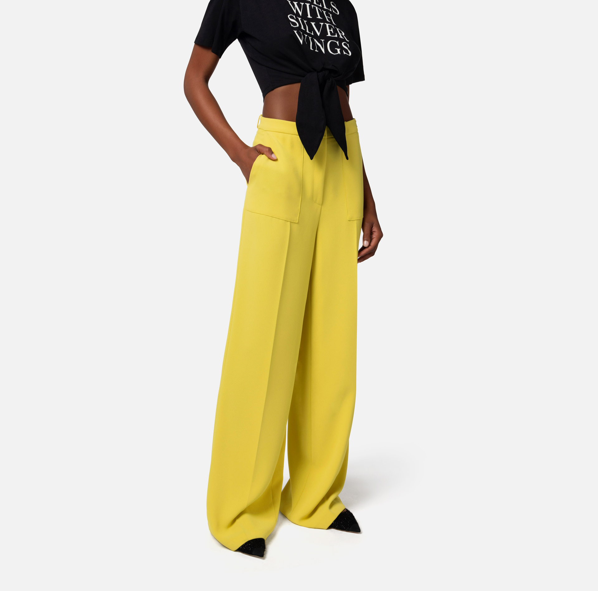 Crêpe straight fit trousers with logo label - Elisabetta Franchi® Outlet