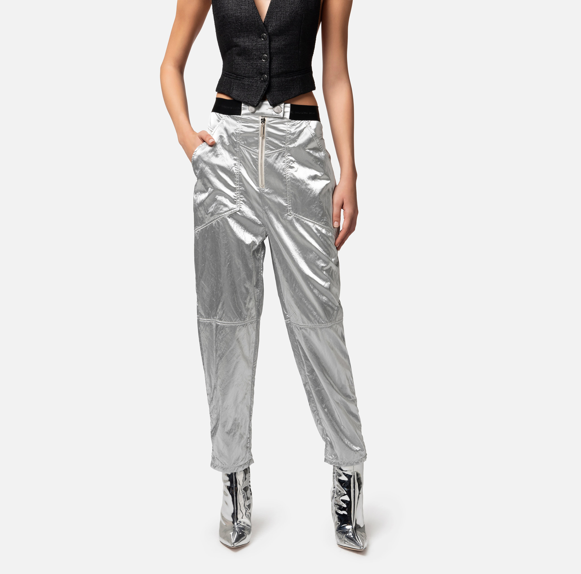 Metallic viscose boyfriend fit trousers - Elisabetta Franchi® Outlet