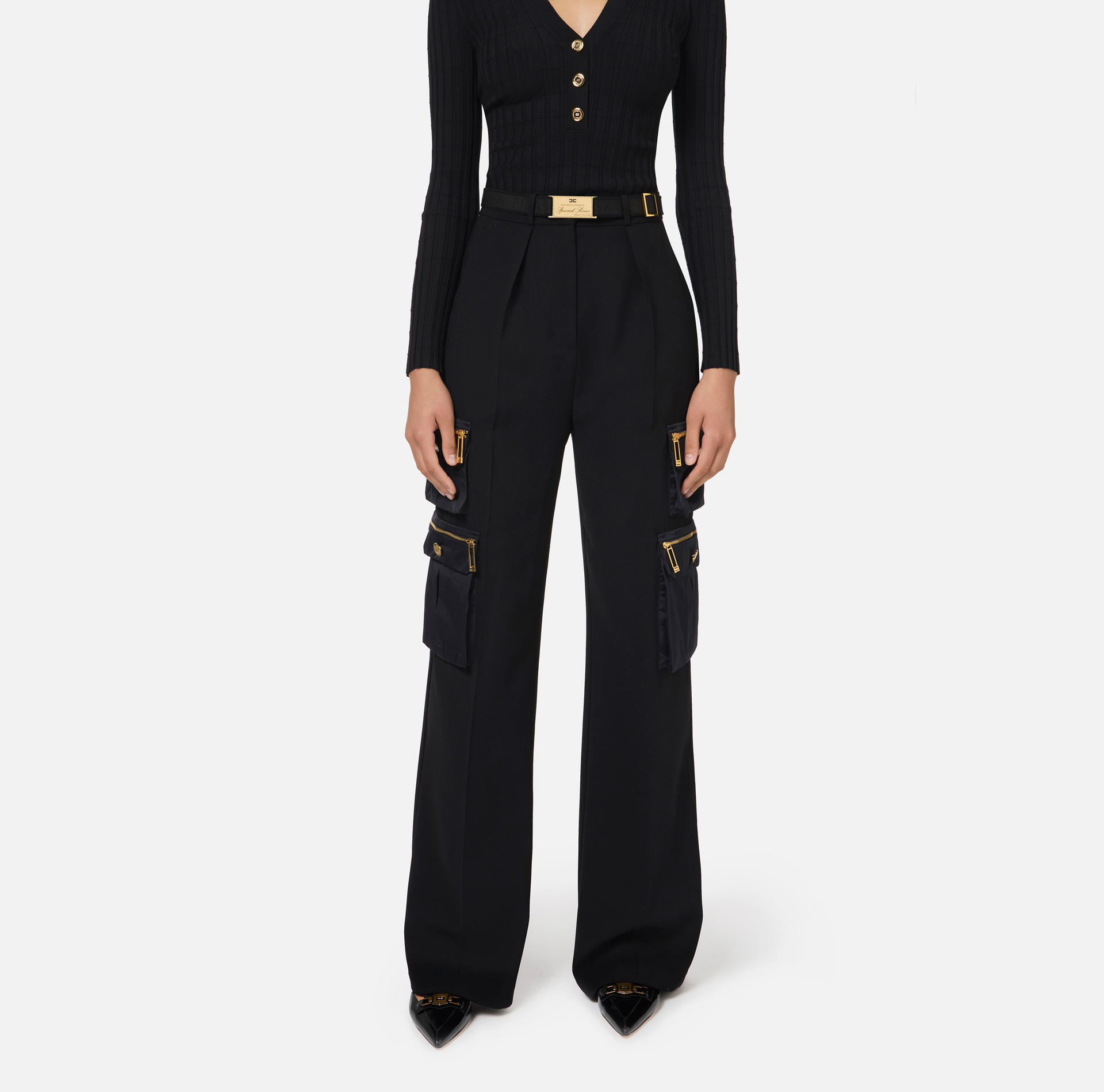 Pantalón recto de crepé con bolsillos y cinturón - Elisabetta Franchi® Outlet