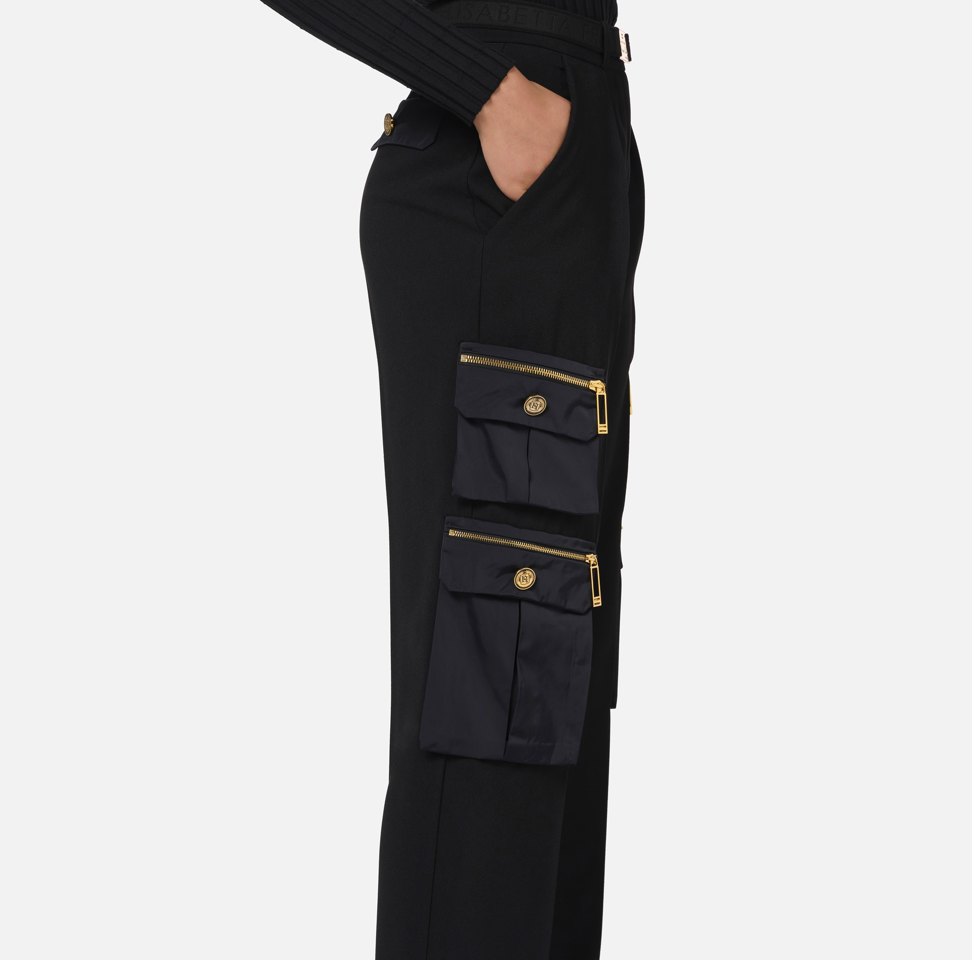 Pantalón recto de crepé con bolsillos y cinturón - Elisabetta Franchi® Outlet