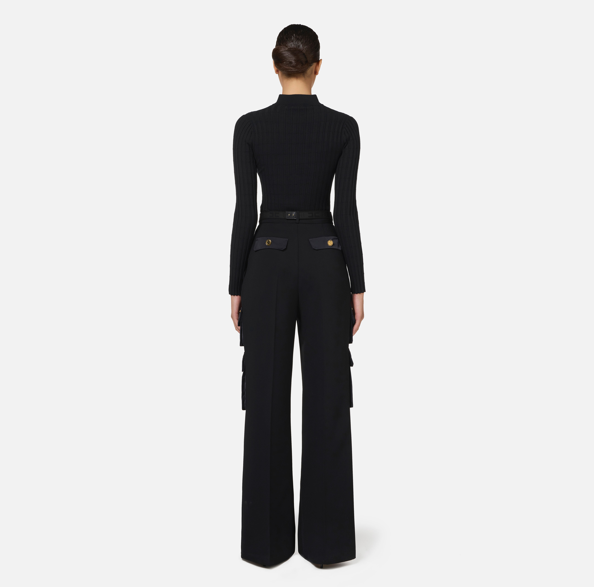Pantalón recto de crepé con bolsillos y cinturón - Elisabetta Franchi® Outlet